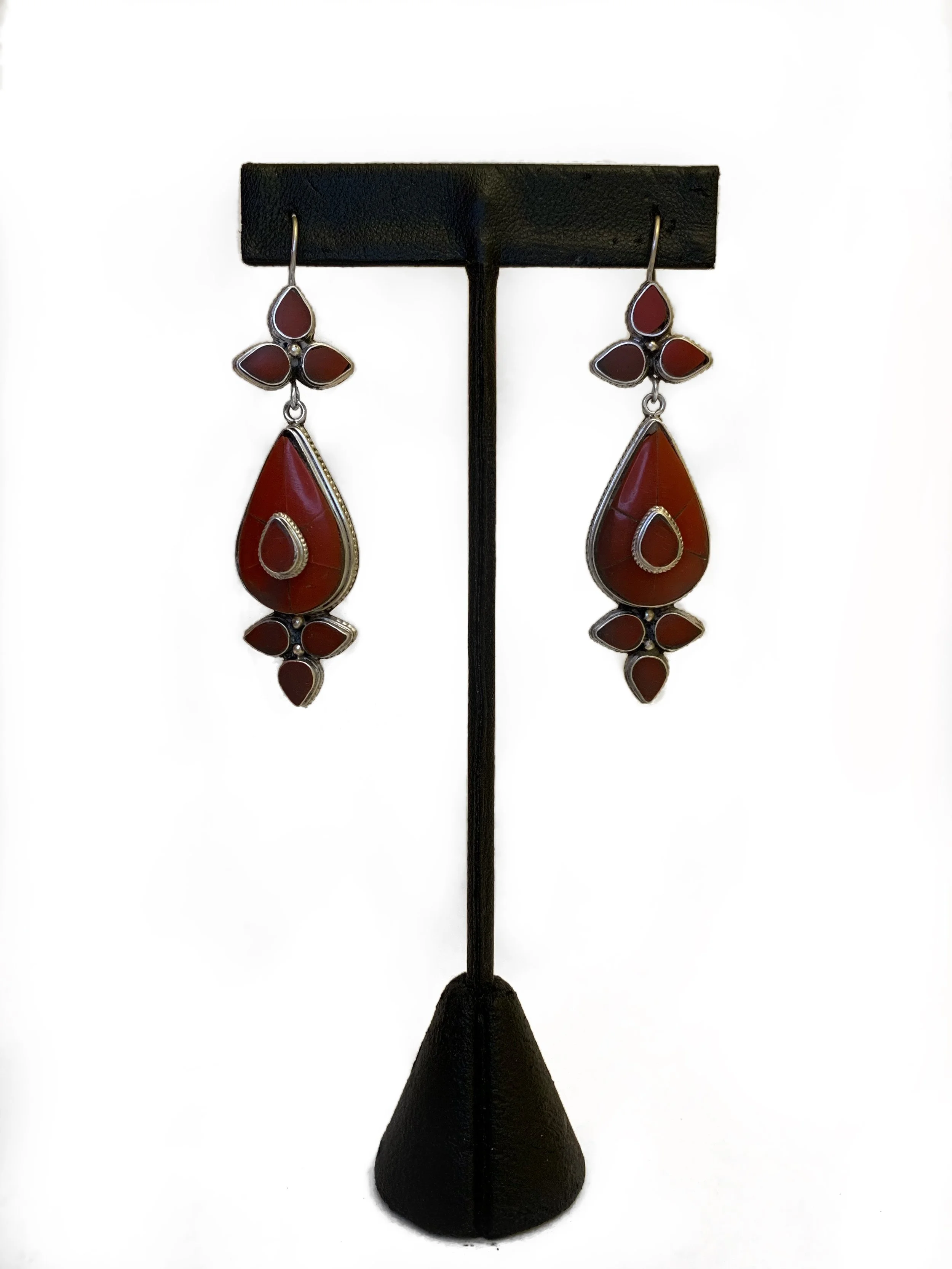 Tibetan Teardrop Earrings with Coral and Silver