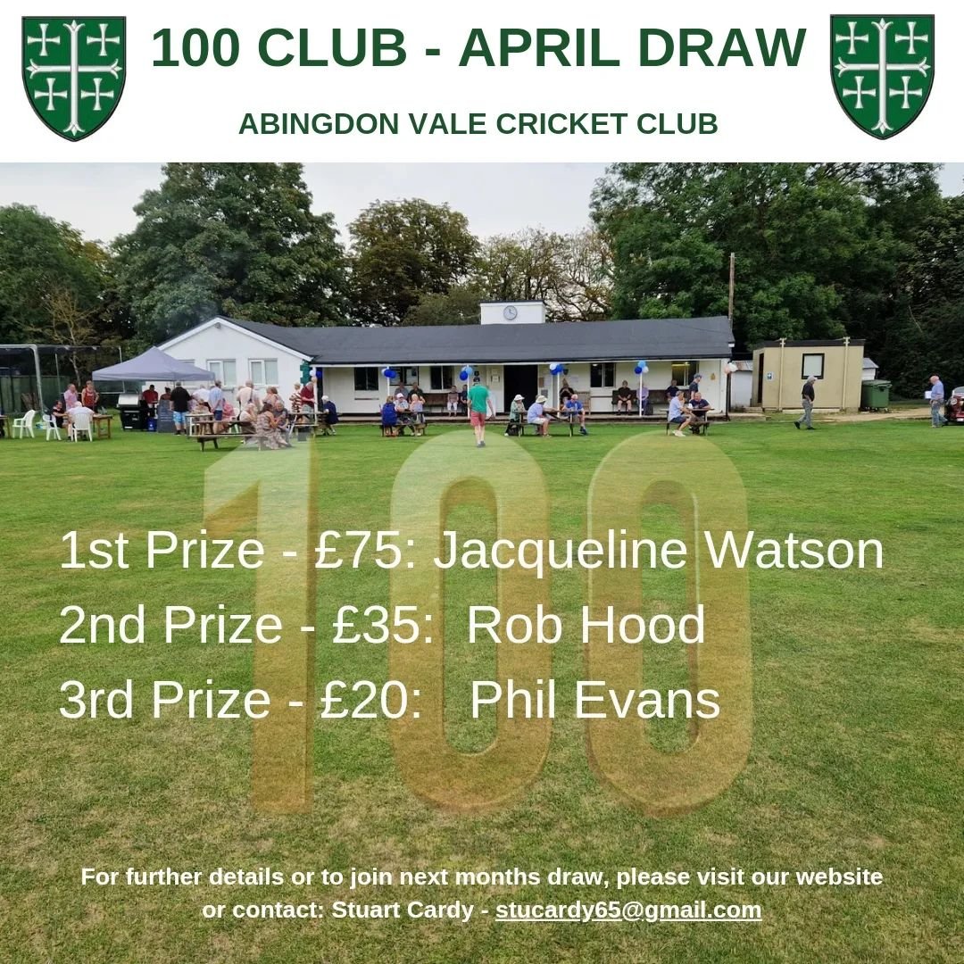 Congratulations to all the winners of this months 100 Club Draw. Remember to sign up before the 28th of April for entry into next months draw.