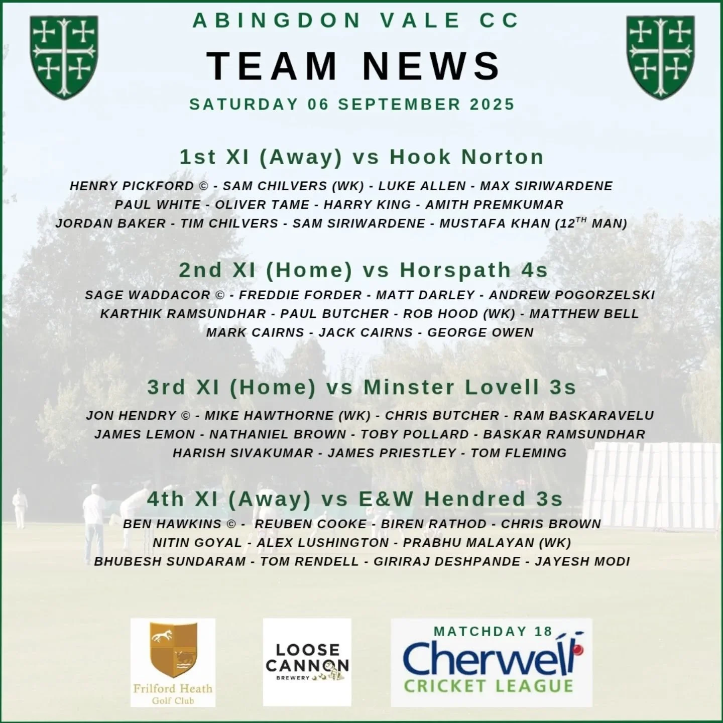 Matchday 18 Team News...

Following last Saturday&rsquo;s action, AVCC have now secured one promotion for the 2025 season, with our 3rd XI guaranteed a top two finish in Division 8B.

Ahead of the final league games of the season, our 1st XI need a f
