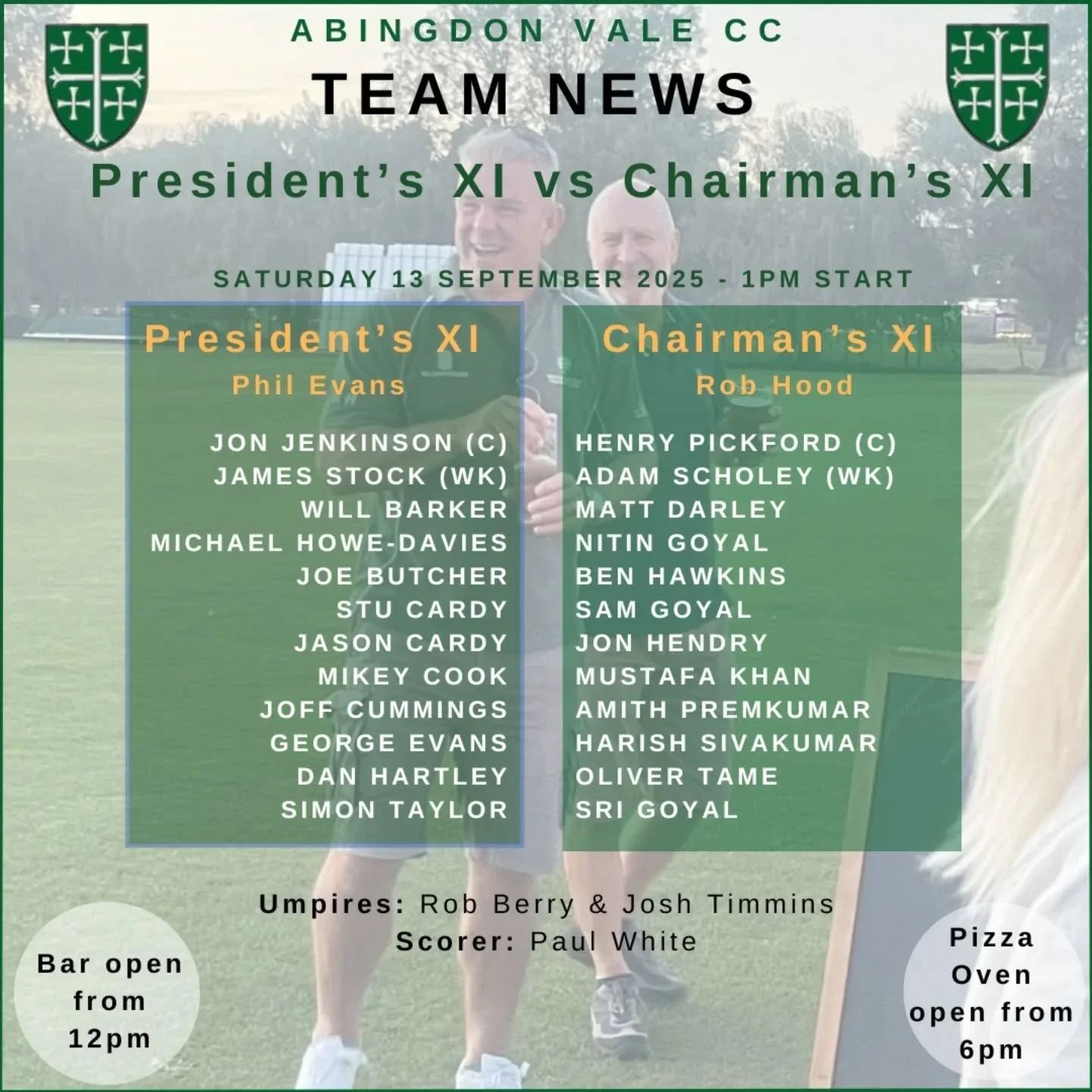 The league season may be over, but there's still one final game remaining as Rob Hood's Chairman's XI look to retain their title as they play against Phil Evans' President's XI this Saturday. 

It's great to see some familiar names returning to play 