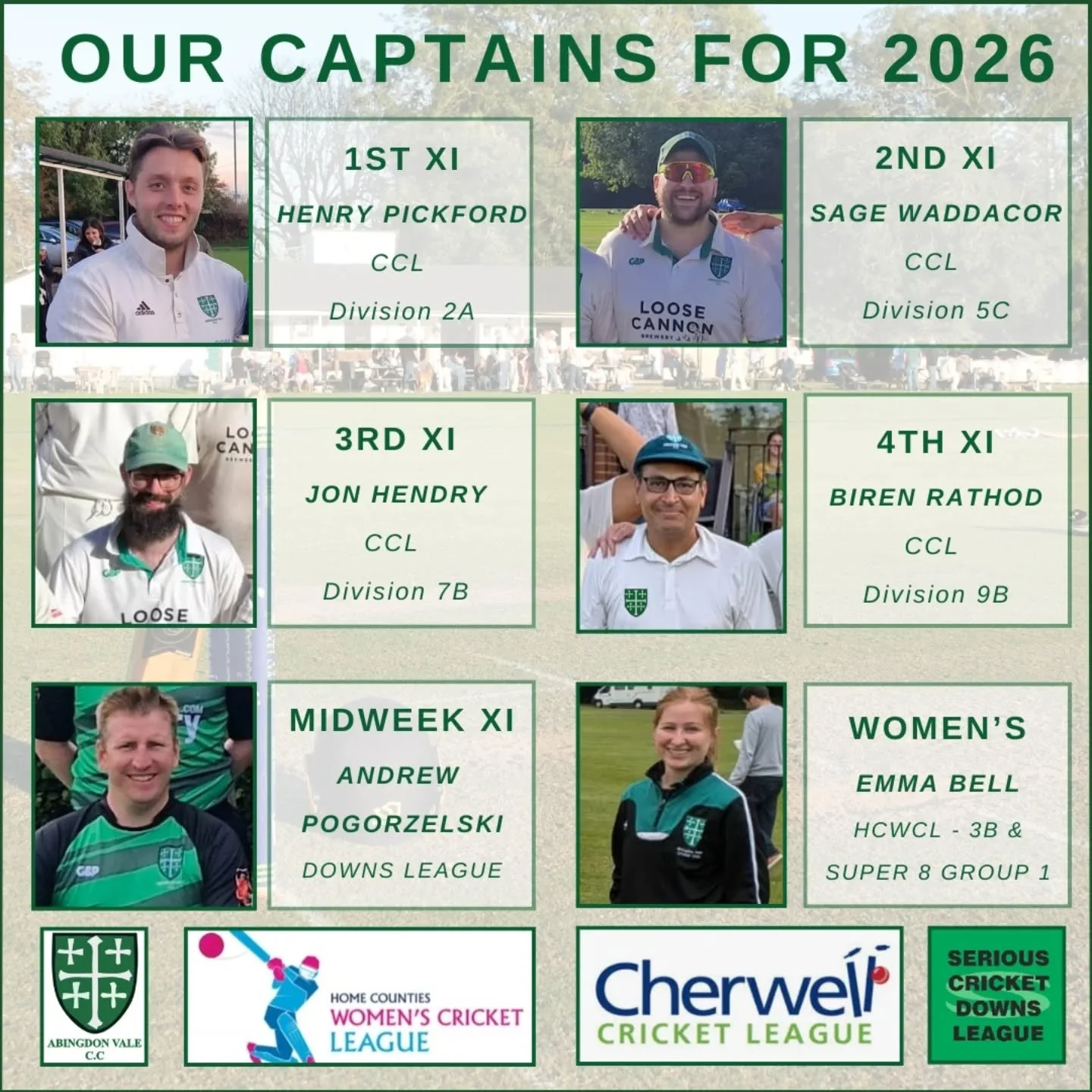 Introducing our captains for the 2026 season... and it's great to see 3 of our promotion winning captains from last season continuing to build on recent successes. 

We are also pleased to announce a return to competitive midweek cricket, as we rejoi
