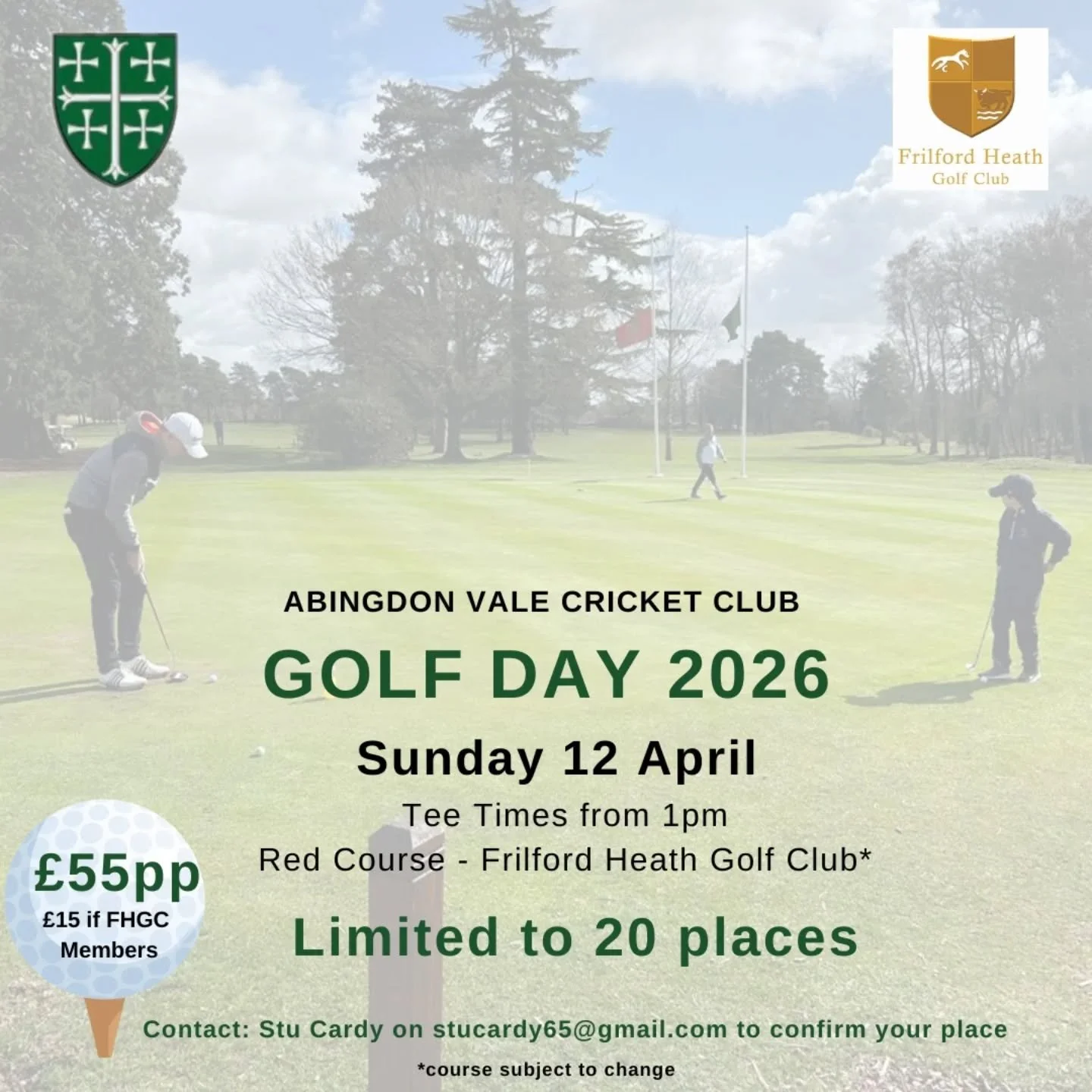 ⛳️ Exciting News

Frilford Heath Golf Club have officially renewed their sponsorship with AVCC. 🤝

To celebrate, they will be hosting our AVCC Golf Day on Saturday 12th April with the first tee-off at 1pm. We&rsquo;ve secured access to the iconic Re