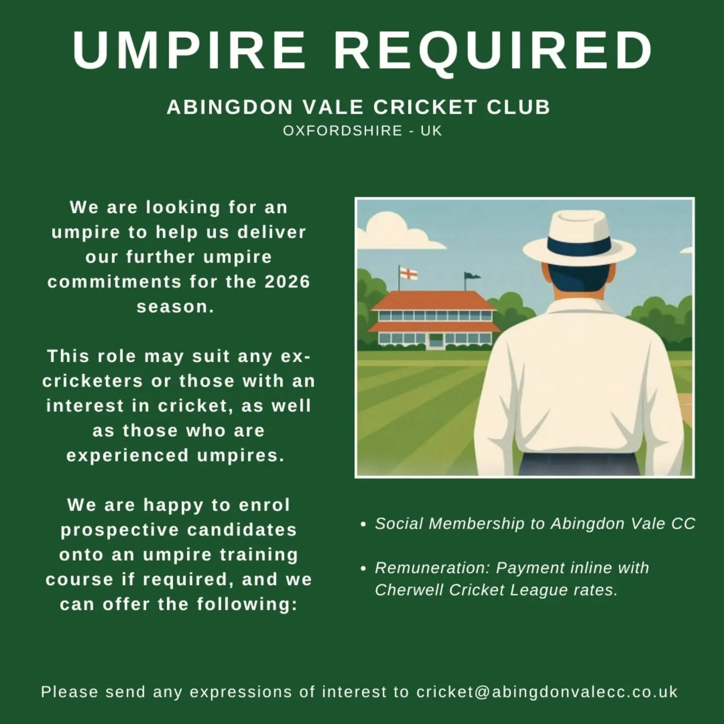 UMPIRE NEEDED - If you know of anyone who may be interested in helping the club with our umpiring commitments for the 2026 season and beyond, please get in touch to register your interest. #umpire #cricketumpire #cricket