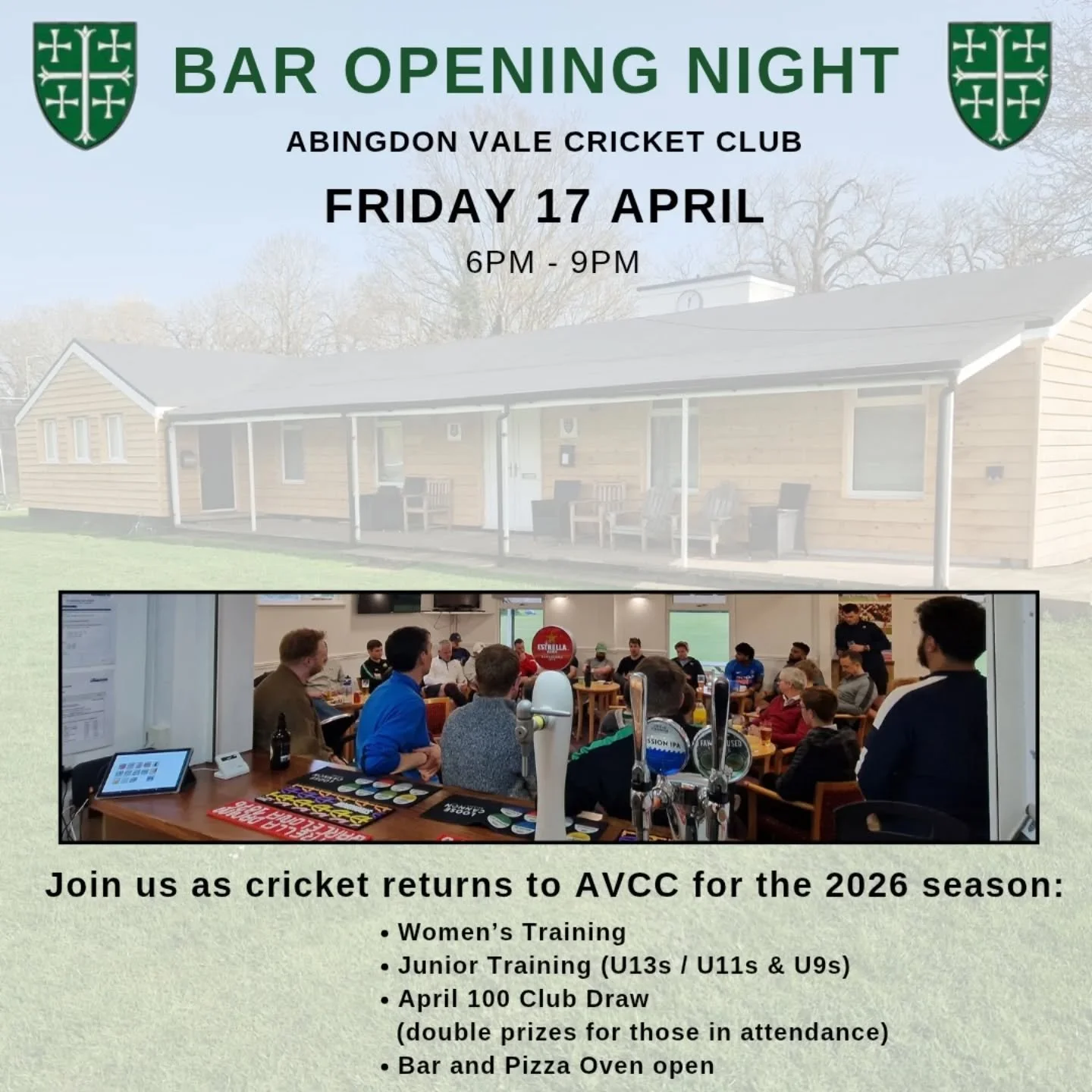 Join us as cricket returns to @abingdonvalecc for the 2026 season... this Friday night and a chance to see the new look clubhouse. We look forward to seeing you all there.