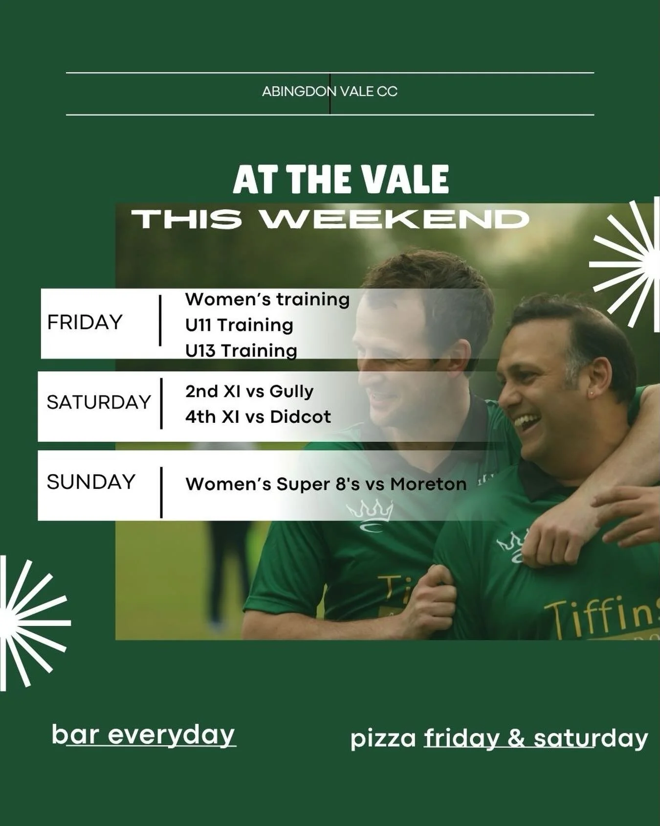 We are set for a scorching weekend of weather! 
Friday - bar open from 6pm with Pizza available pre-ordered! 🍕 
Saturday - bar open from 3pm until late, with pizza open 6ish. There may also me a surprise DJ set from DJ Slim!!! 🕺🏼 
Sunday, 2 x Supe