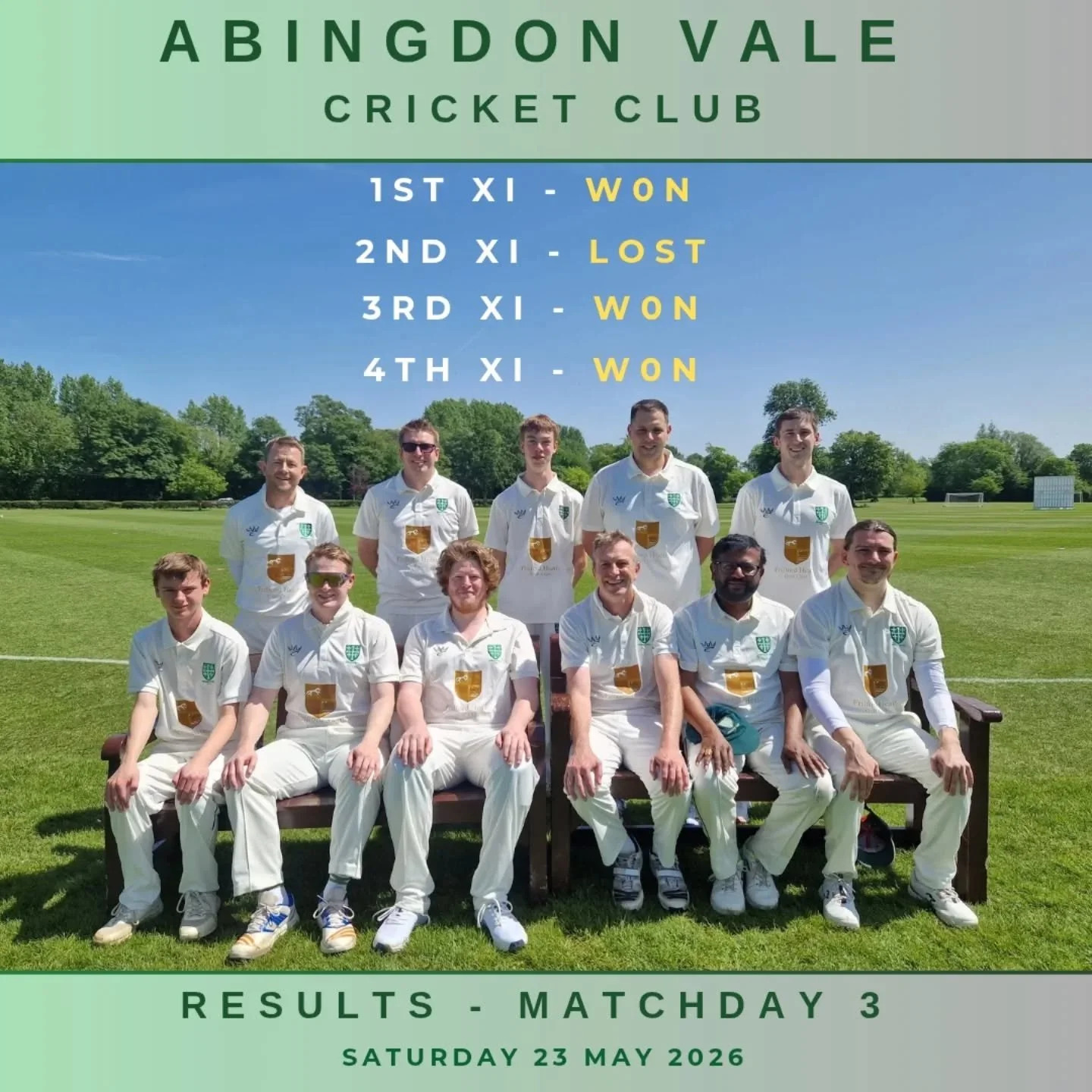 Another good weekend for our teams with 3 more wins. 

Picture: The 3rd XI team photo during their win against Oxford Downs 4s at Cokethorpe School