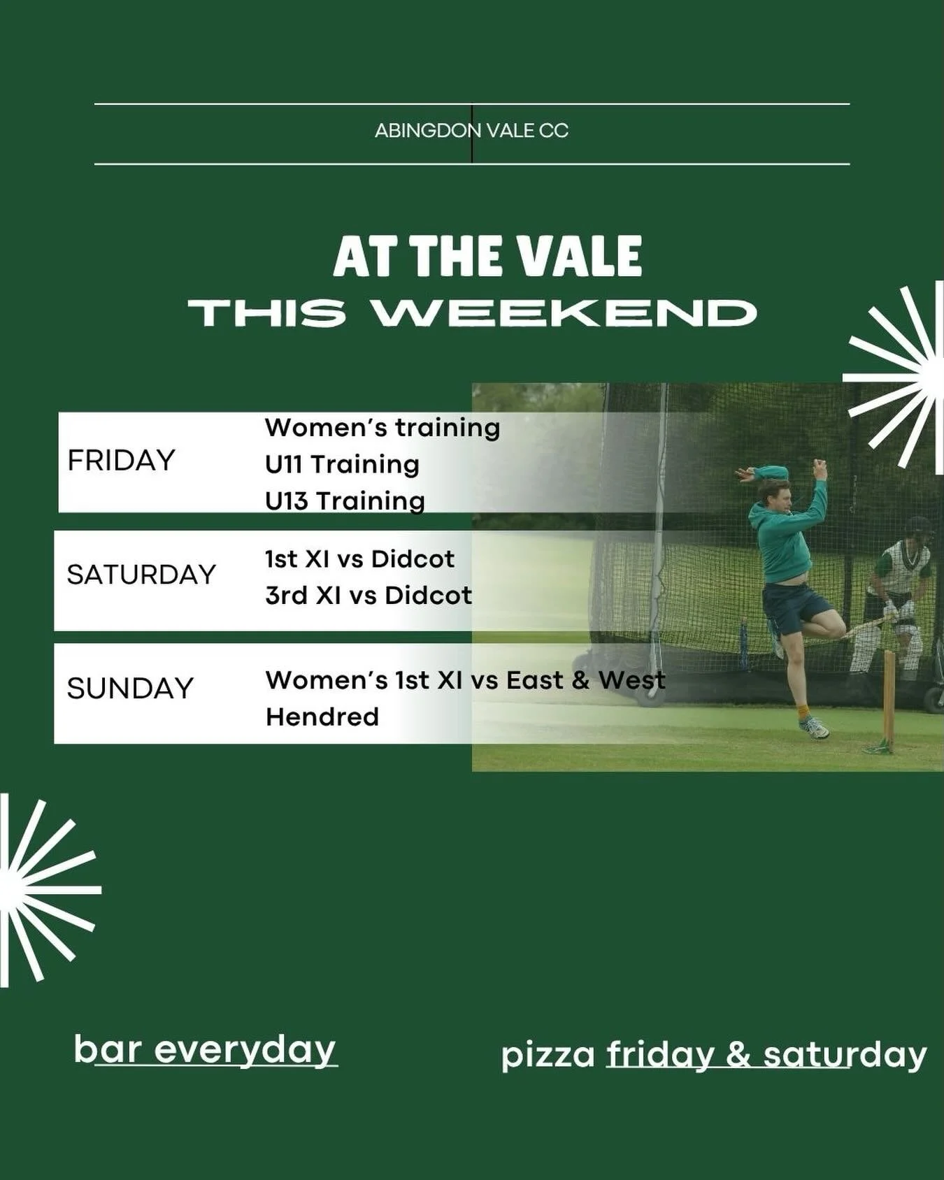 Another bumper week of cricket ahead of us. With better weather too, so please do come and enjoy some cricket, beer, pizza and socialising.

Saturday see&rsquo;s the 1s and 3s at home against Didcot. The 2s travel to Watlington and the 4s travelling 