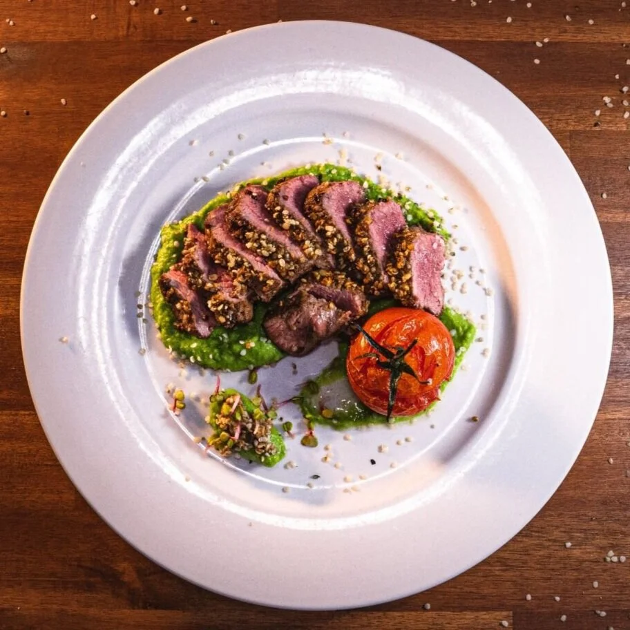Hemp Crusted Lamb, Pea Puree &amp; Cherry Tomatoes