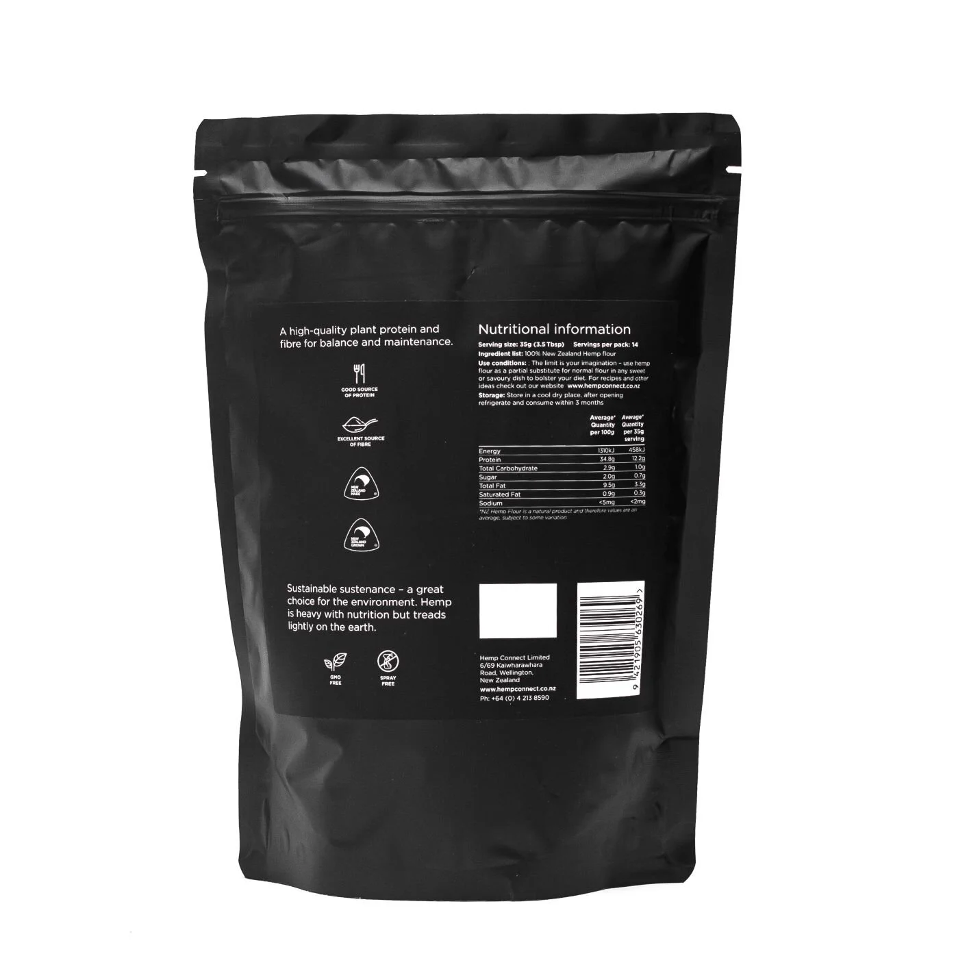 Hemp Connect Hemp Seed Flour back of package