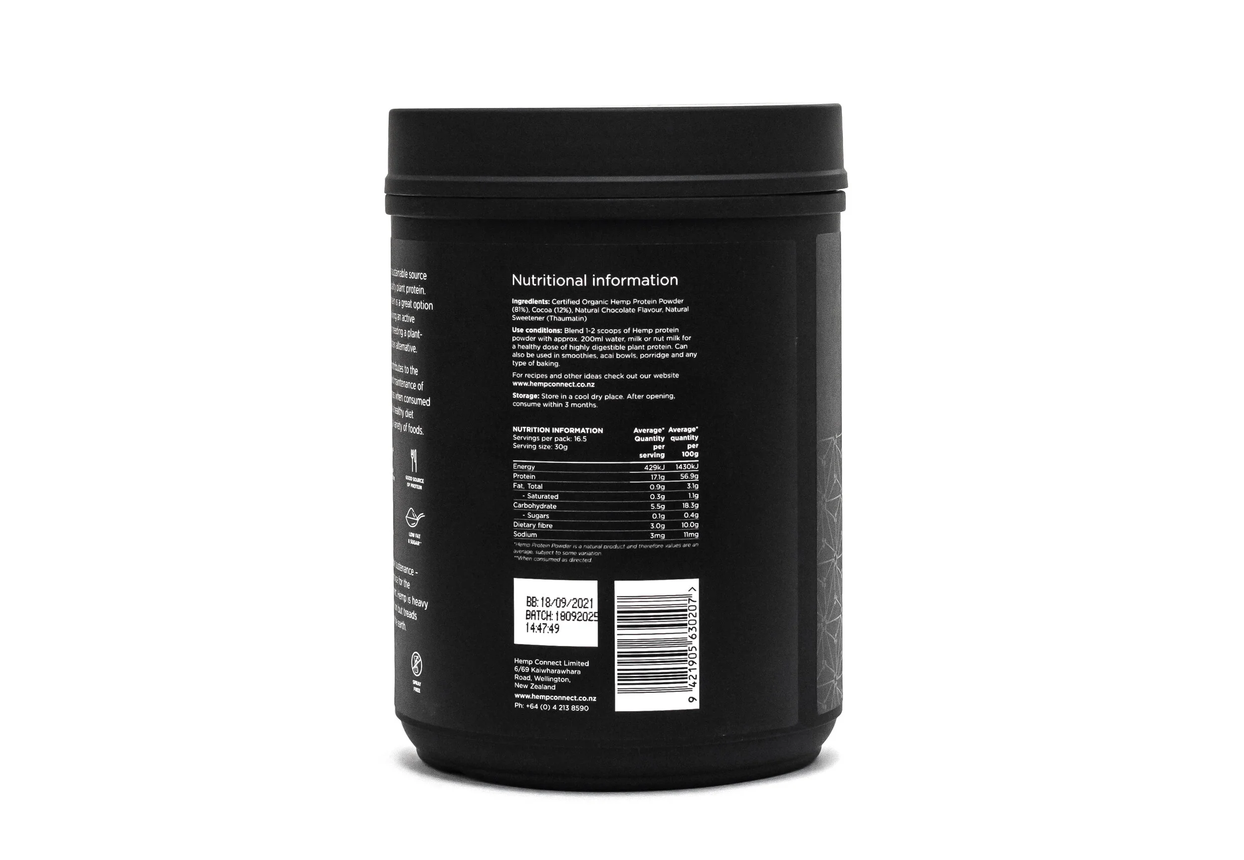 Hemp Connect chocolate hemp protein powder 500g tub