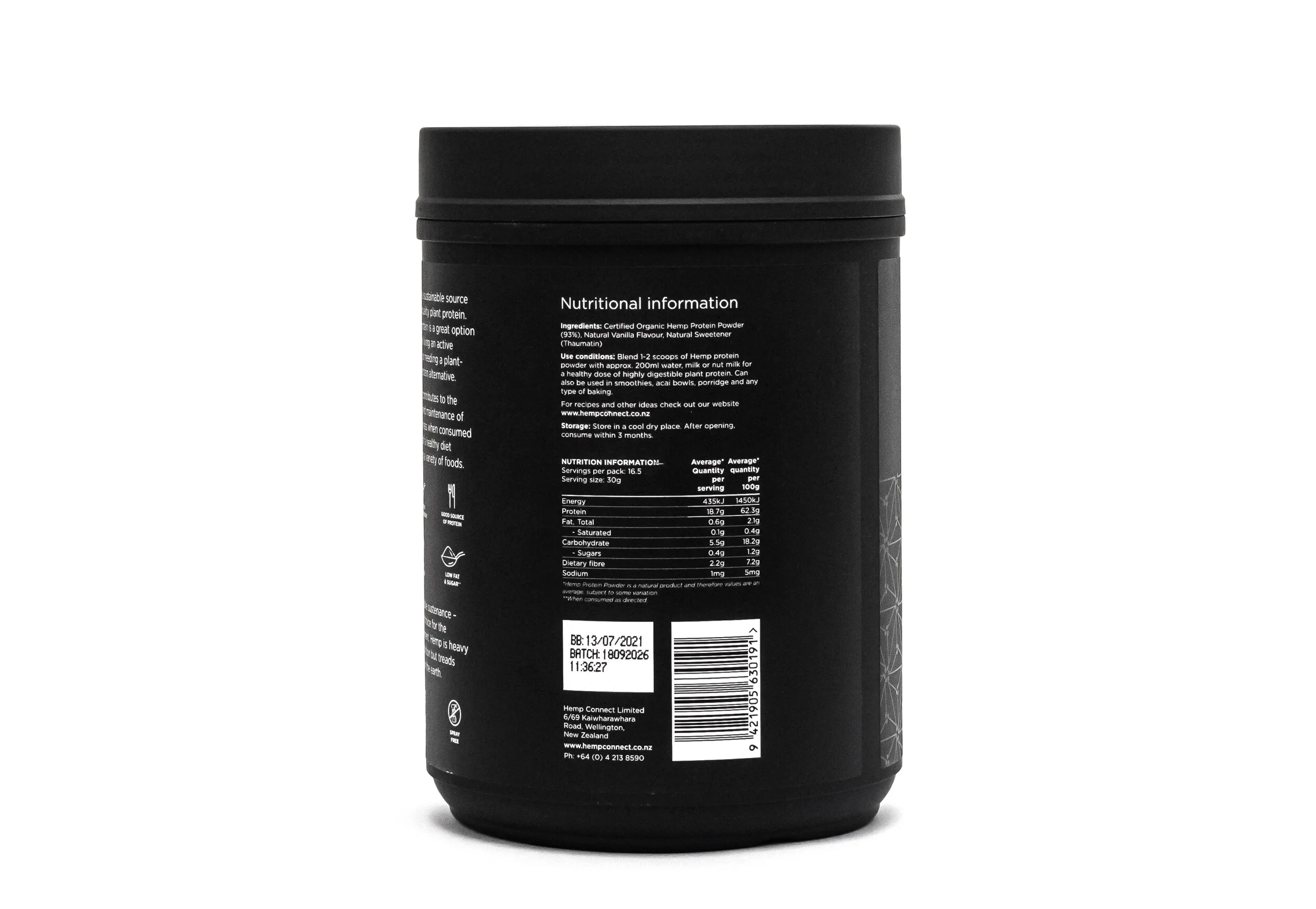 hemp connect Vanilla protein powder made with certified organic hemp 500g tub