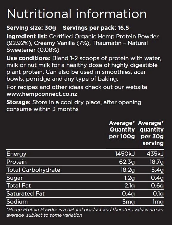 hemp connect vanilla hemp protein powder nutritional information panel dietary supplement