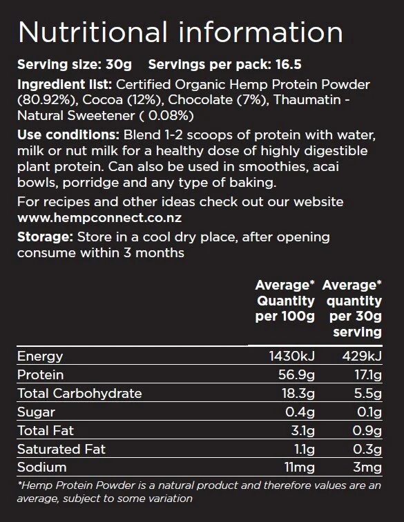 hemp connect chocolate hemp protein powder Nutritional Information Panel Dietary Supplement