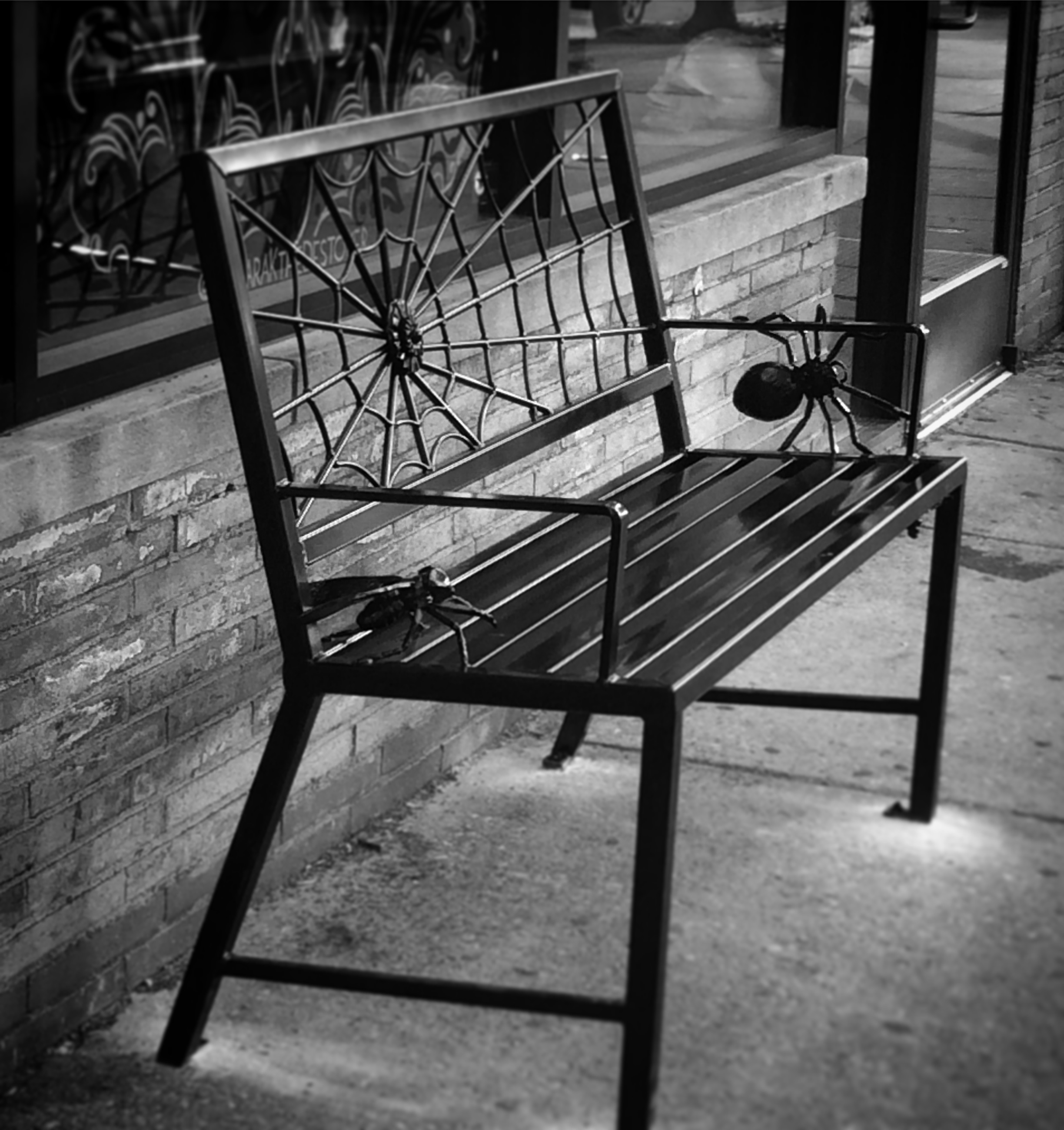 BENCH WITH FORGED WEB, SPIDER, &amp; FLY - Talking Headz, Baltimore Ave. Philadelphia PA
