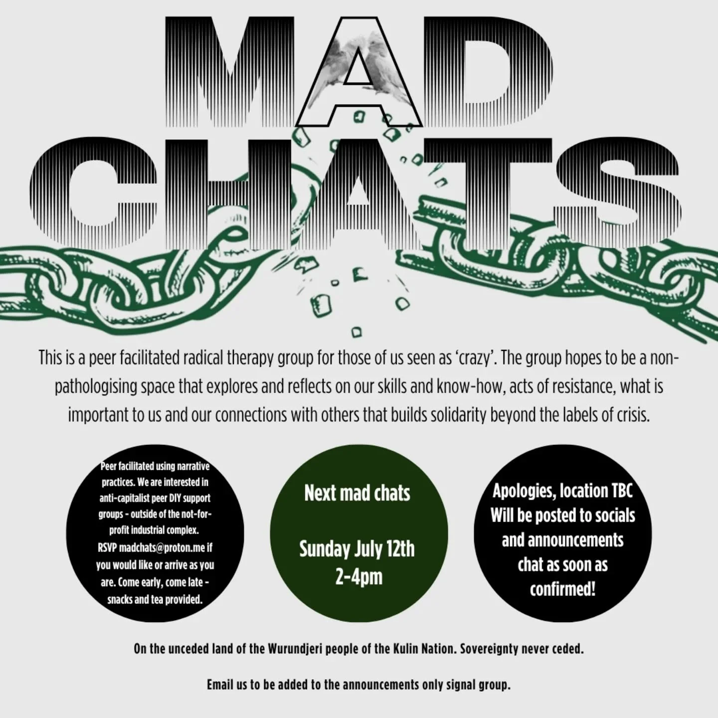 From friends of IRL: next Mad Chats - Sunday July 12th 2-4pm ✨🌿

Apologies, location TBC. Will be posted to socials and announcements chat as soon as confirmed!

This is a radical therapy group for those of us seen as &lsquo;crazy&rsquo;. The group 
