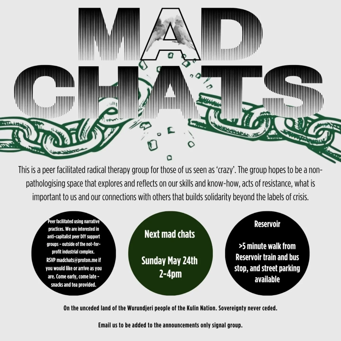 Friends of IRL: next Mad Chats - Sunday May 24th ✨🌿

Where: Reservoir 
<5 minutes walk from Reservoir train station / bus stop, and street parking available. Masks encouraged. 

Address will be sent to people attending!

Accessibility: ground lev