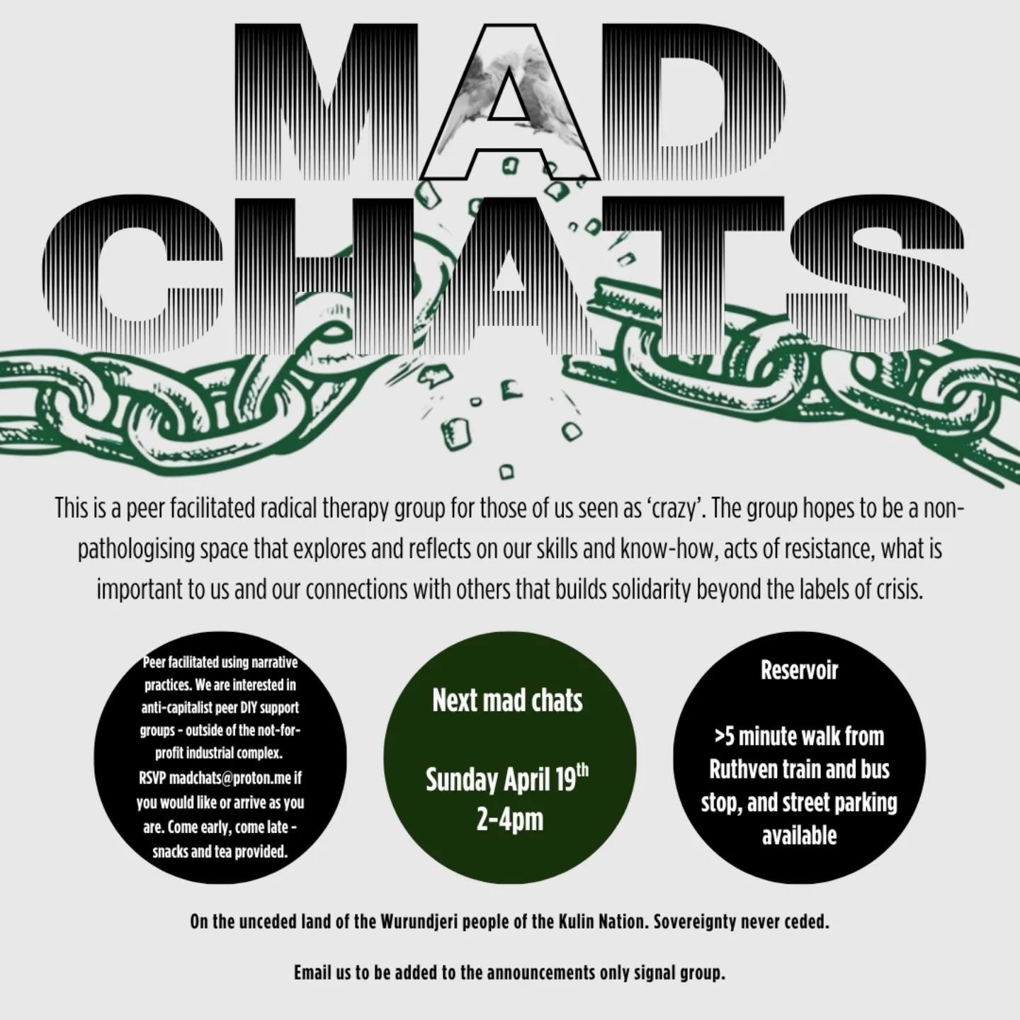From friends of IRL: Next Mad Chats Sunday April 19th 2-4pm ✨🌿

Where: Reservoir 
5 minutes walk from Ruthven train station / bus stop, and street parking available. Masks encouraged. 
Address will be sent to people attending!

This is a radical the