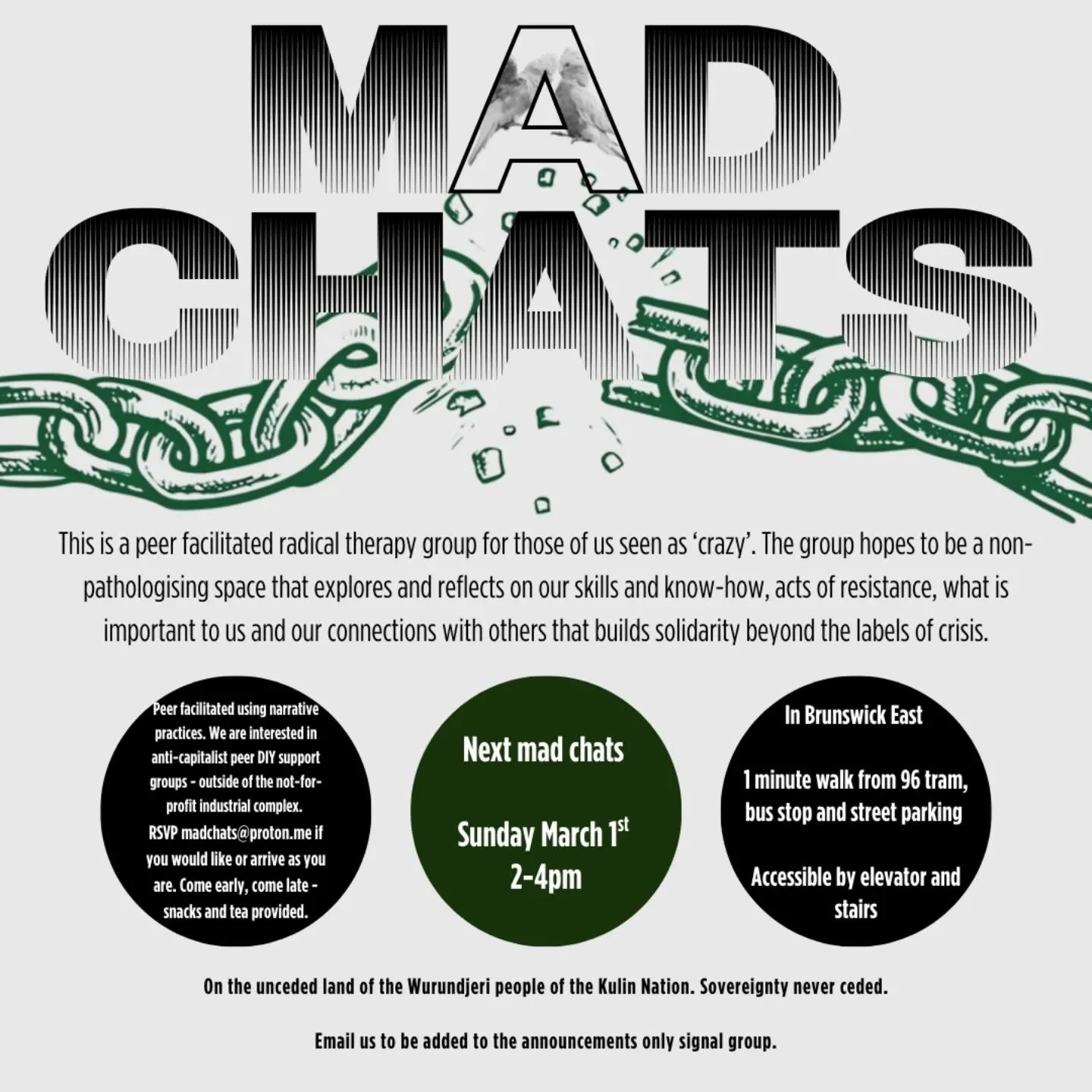 Friends of IRL - Next mad chats Sunday March 1st 2-4pm ✨🌿

Meeting in cosy location in Brunswick East!
 1 minute walk from 96 tram and bus stop, there is street parking around. Accessible by stairs in elevator. Address will be sent to people!

This 
