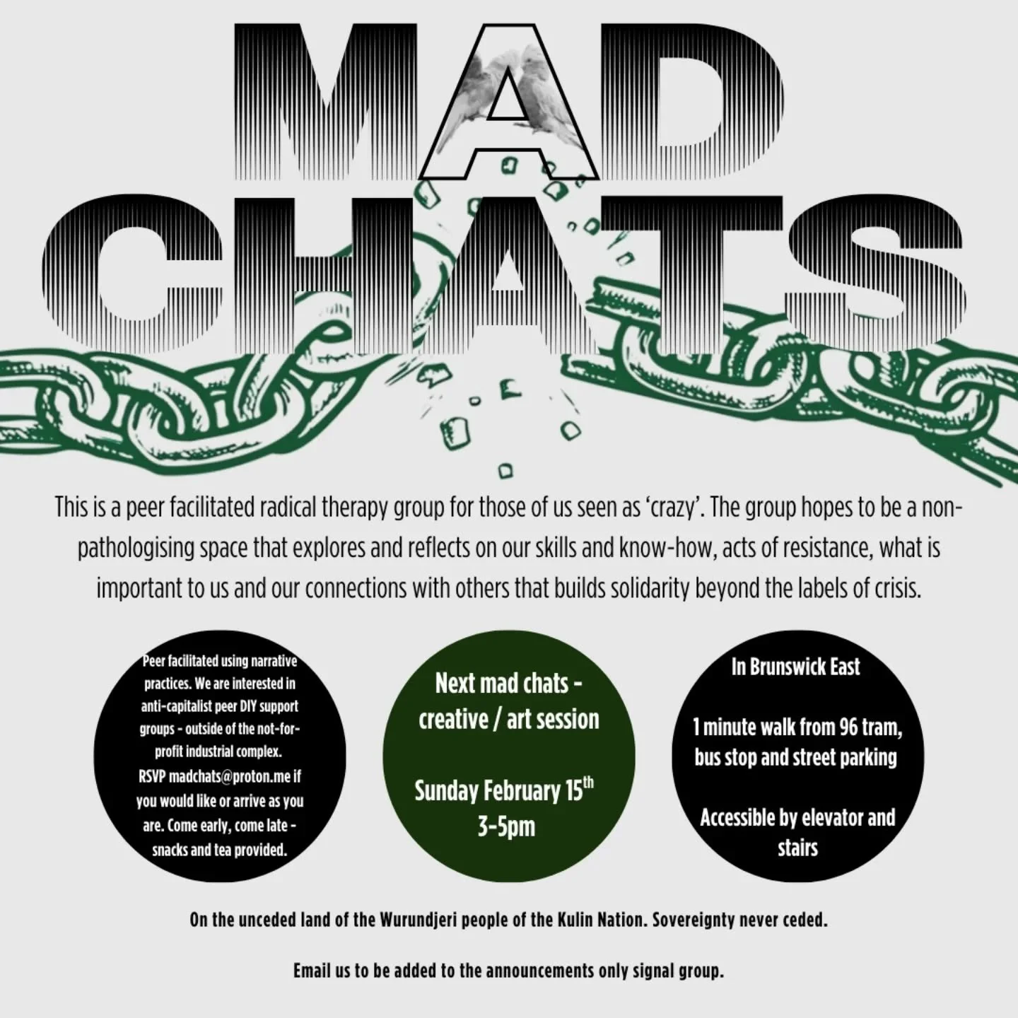 Friends of IRL: Next mad chats (creative theme) Sunday February 15th 3-5pm 🎨🌿 

Meeting in cosy location in Brunswick East!
1 minute walk from 96 tram and bus stop, there is street parking around. Accessible by stairs in elevator. Address will be s