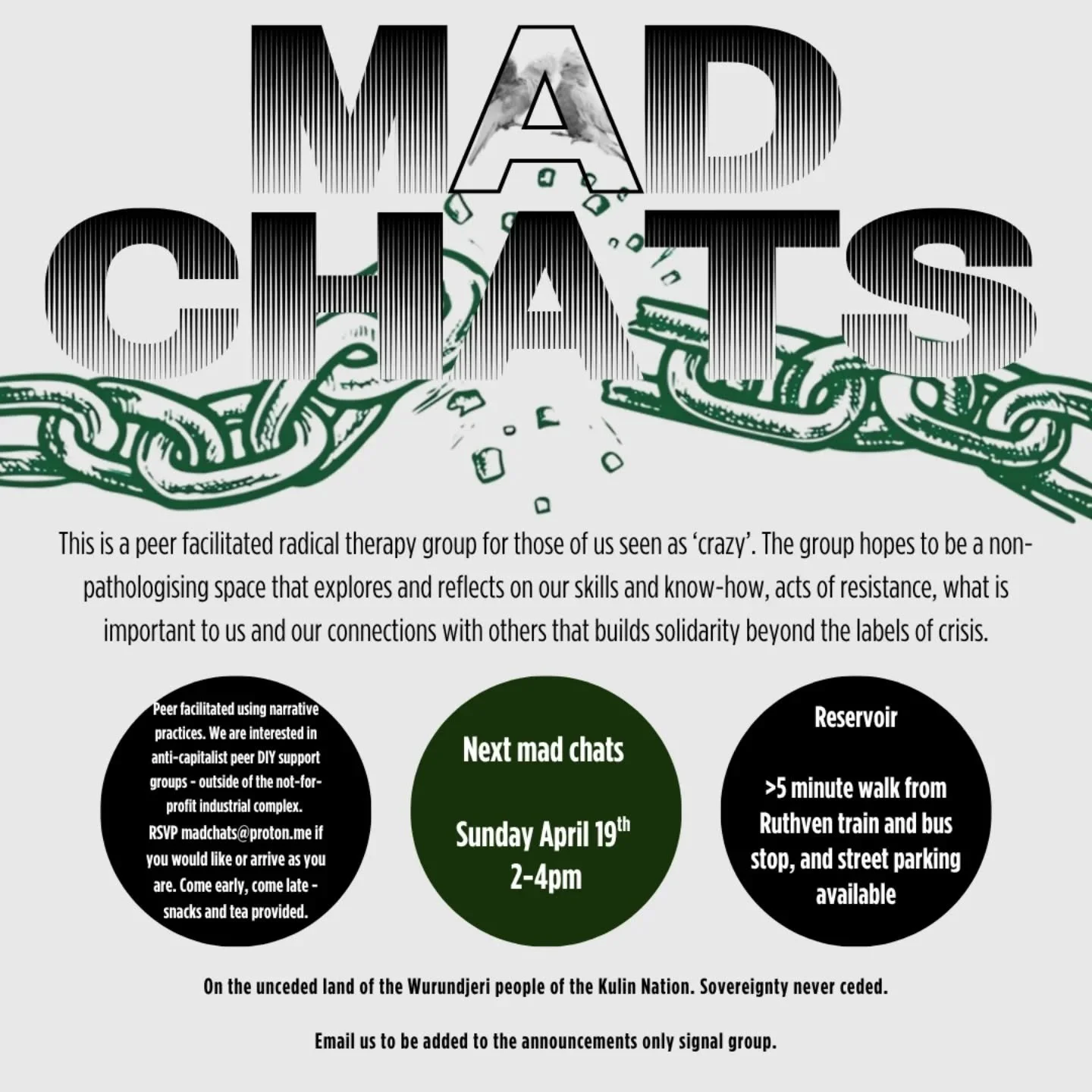 From friends of IRL: Next Mad Chats Sunday April 19th 2-4pm ✨🌿

Where: Reservoir 
5 minutes walk from Ruthven train station / bus stop, and street parking available. Masks encouraged. 
Address will be sent to people attending!

This is a radical the