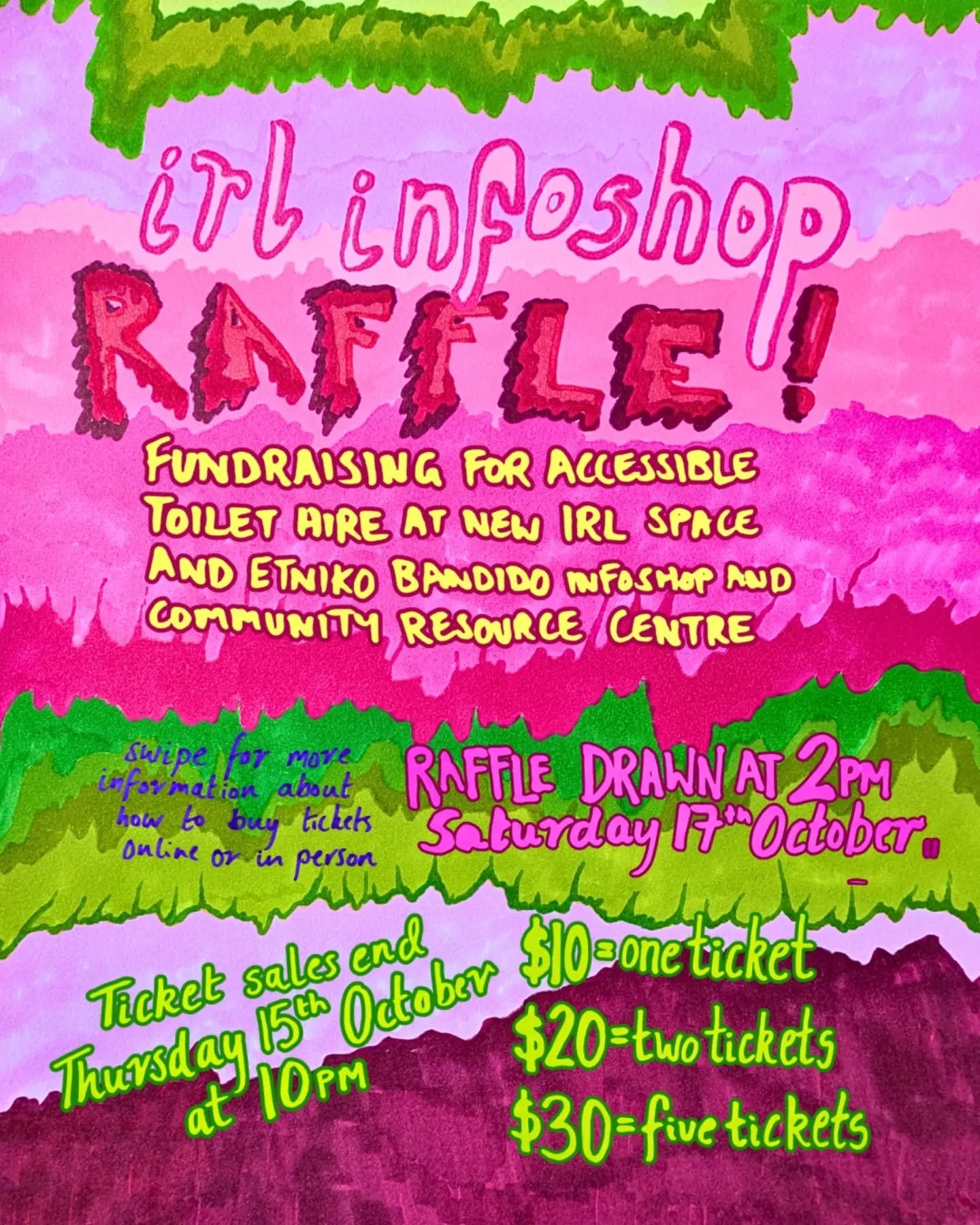 IRL INFOSHOP RAFFLE! AMAZING PRIZES!

All money raised goes towards 

1) Hiring an accessible toilet at IRL Infoshop's new location 5 Munro St Coburg 

2) Etniko Bandido Infoshop and Community Centre @etniko_bandido - an autonomous anti-authoritarian