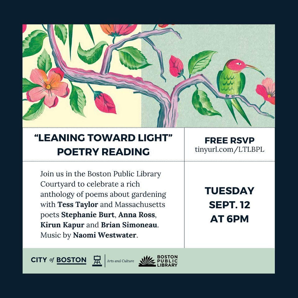 With the opening of the new school year, this reading sneaked up on me &amp; I&rsquo;m so excited: this Tuesday, September 12, please join us for what&rsquo;s sure to be an amazing poetry reading in the courtyard of the Boston Public Library @bplbost