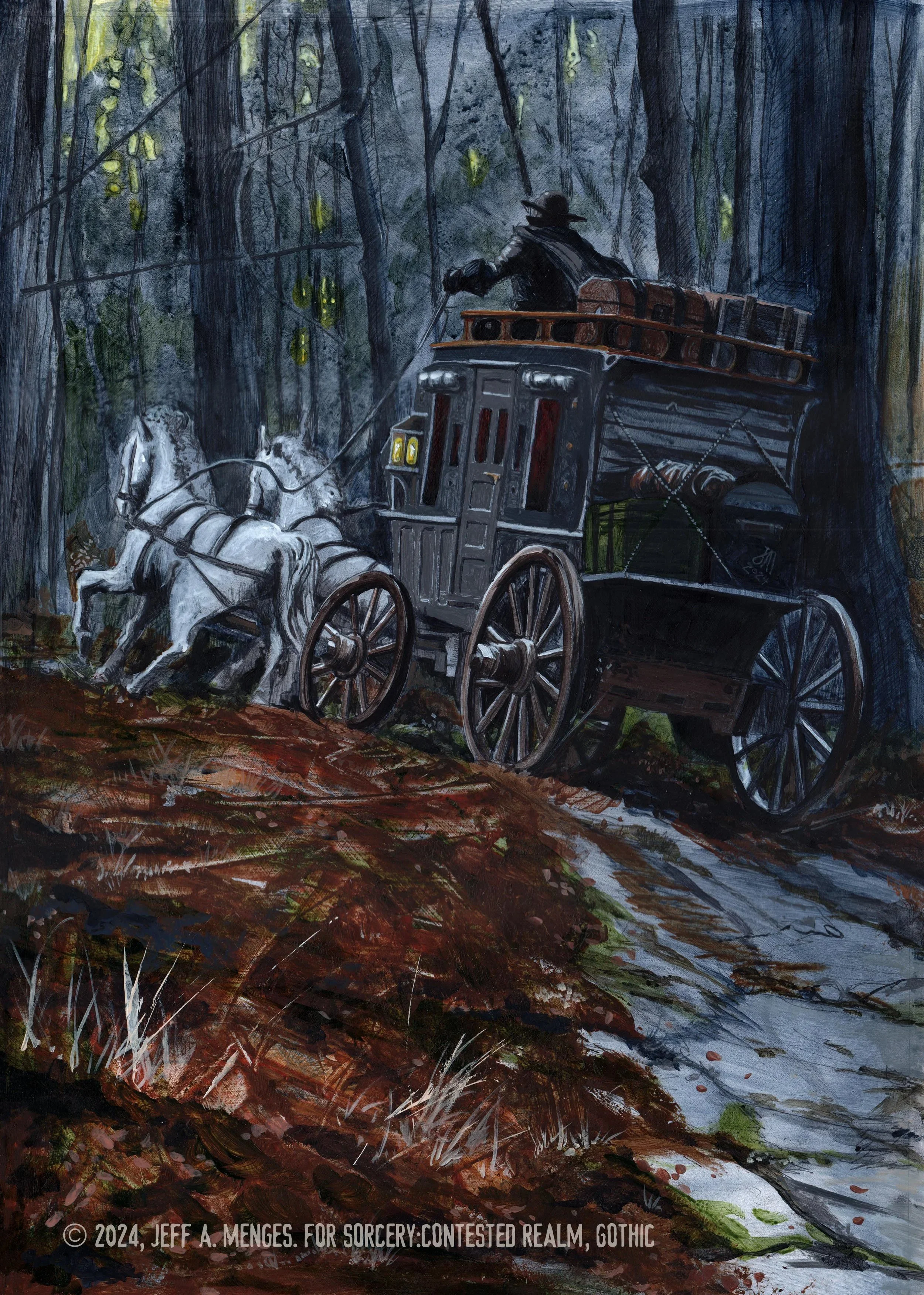 Stagecoach. Sorcery: Contested Realm, Gothic. © 2024, Jeff A. Menges. Acrylic on Board