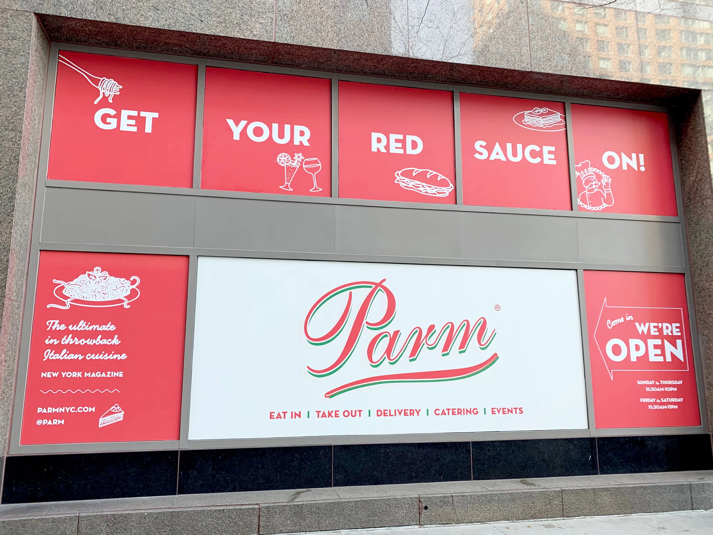Window signage printed by Unique Print NY for Parm at 250 Vesey Street