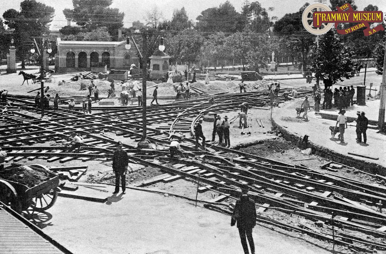 The construction of the new electric tramway system was a major undertaking with City streets being dug up on a regular basis during construction. A key part of the new system was the track work installed at the intersection of King William Street and North Terrace. Allowing trams to turn in every direction or run straight ahead, this junction was known as a 'Grand Union'.