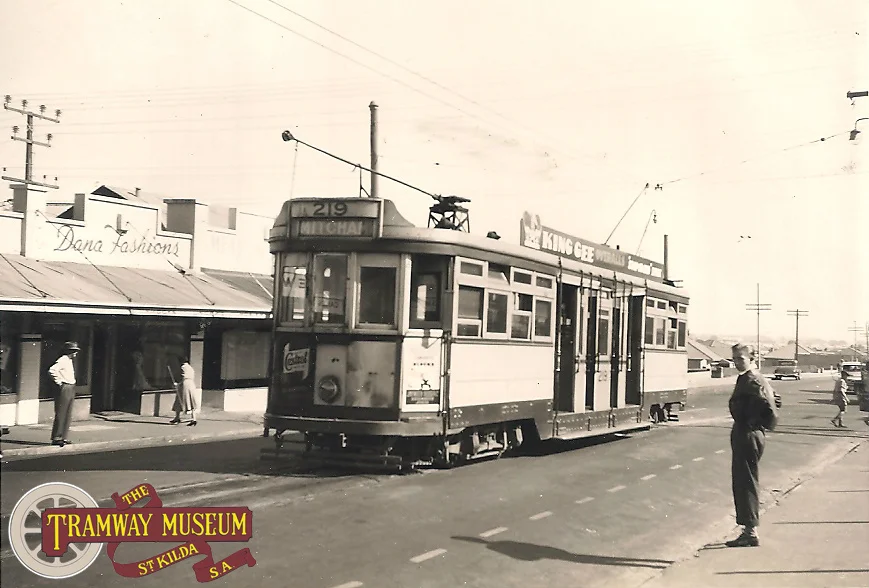 F type 'Drop Centre' tram 219 at the Prospect terminus at the intersection of Prospect Road and Irish Harp Road (now Regency Road), c.1954. The photo is taken looking north with the then new suburb of Kilburn in the background. Trams on the Prospect line ran through the City to the southern terminus of Mitcham.
