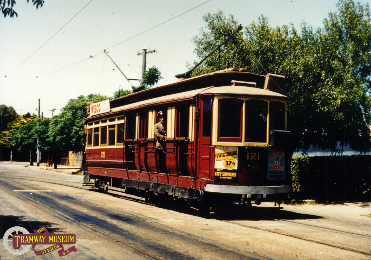 Leaving the second St Peters terminus at the intersection of Sixth Avenue and Lambert Road is D type tram 121 on a working towards the City in the mid 1950s. Photo: Noel Reed.