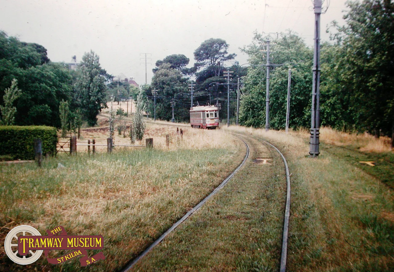 A feature of the Kensington Gardens line was a short section of 'reserve track' that ran through the Eastern Parklands at Rymill Park on an embankment. Seen here is an H type tram on a service leaving the City bound for Kensington Gardens in the mid 1950s. Normally associated with the Glenelg line, the H type trams were a common sight on the line from 1952 until closure in 1957. Photo: Keith Kings.