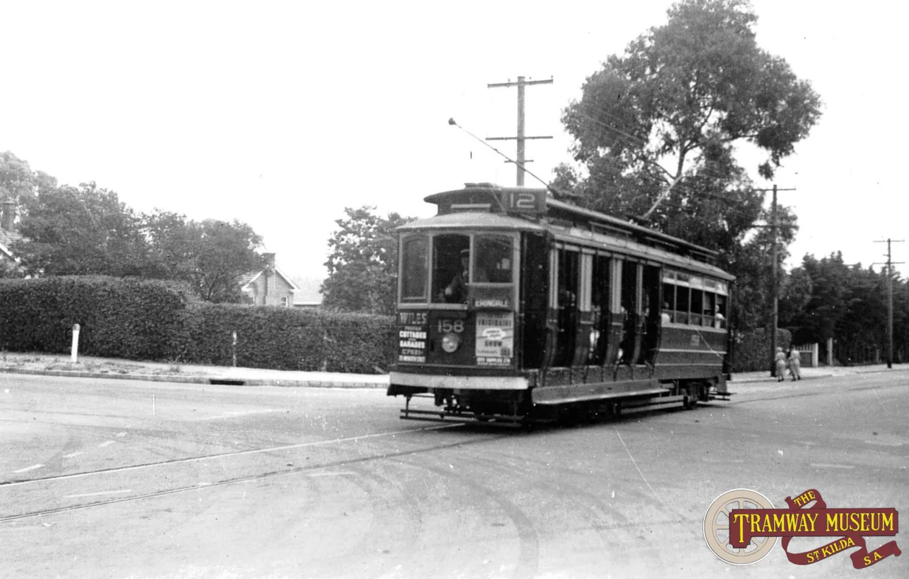 D type trams were the regular tram type in the south eastern suburbs. D 158 is on the short Erindale branch at the intersection of Kensington Road and Burnside Road, heading for the terminus in May 1952, just days before closure. Photo: Wal Jack.