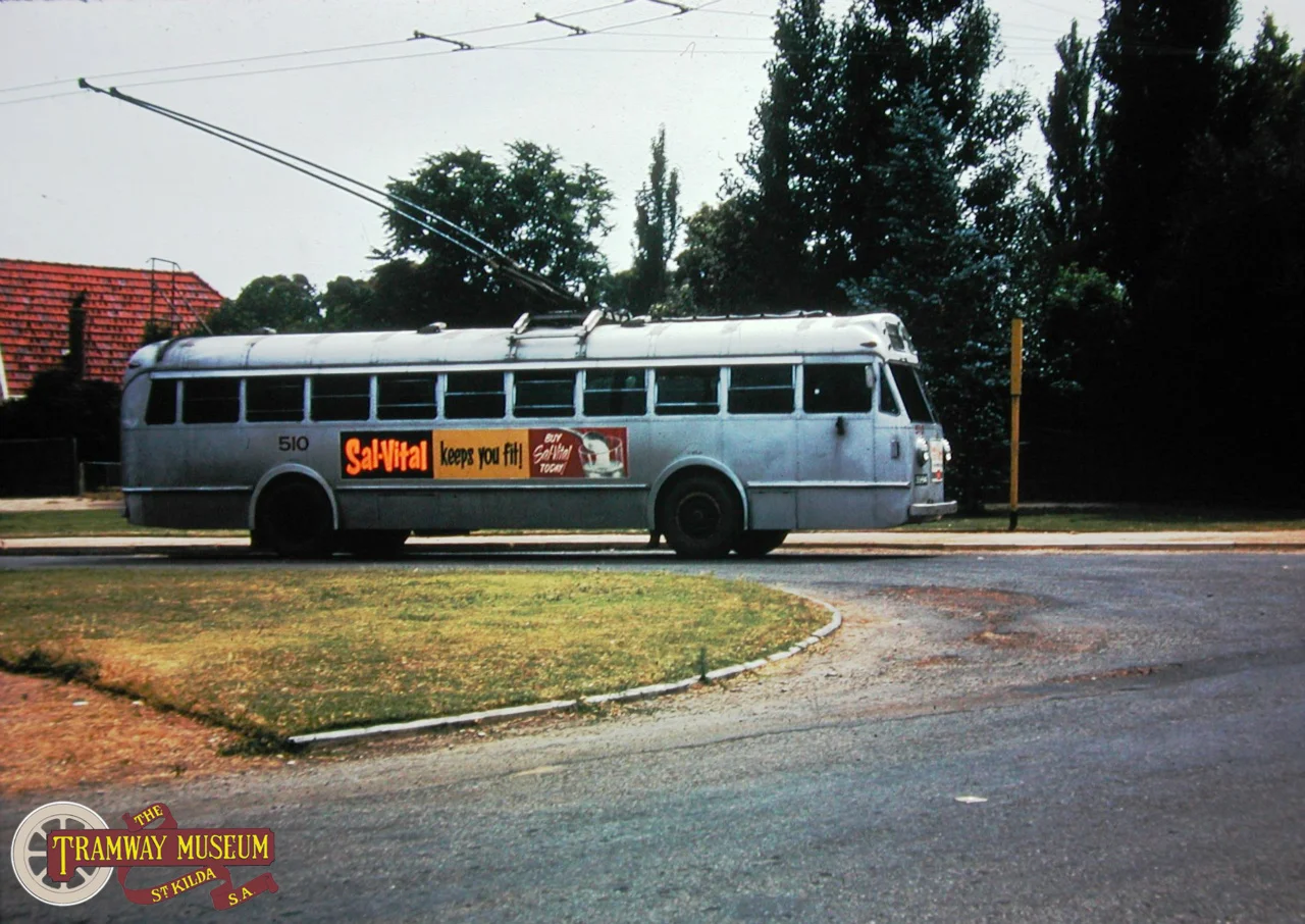 One of the Post War trolley buses, 510 is seen at the terminus of the Linden Park service before rounding the turning loop and heading back to the City in March, 1963. Photo: Michael Church.