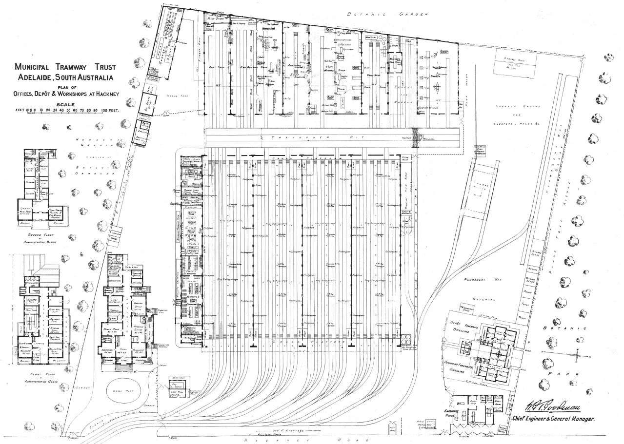 In 1919, the 'Tramway and Railway World' (an industry magazine of the time) had a feature about the Adelaide tramway system and it included this diagram showing the layout of the extensive facilities at Hackney depot. In the years to come, additional tracks would be laid on the southern side of the site (known as the Southern Annex) while the northern end of the site would cater for the expanding trolley bus system. Photo: AETM archives.