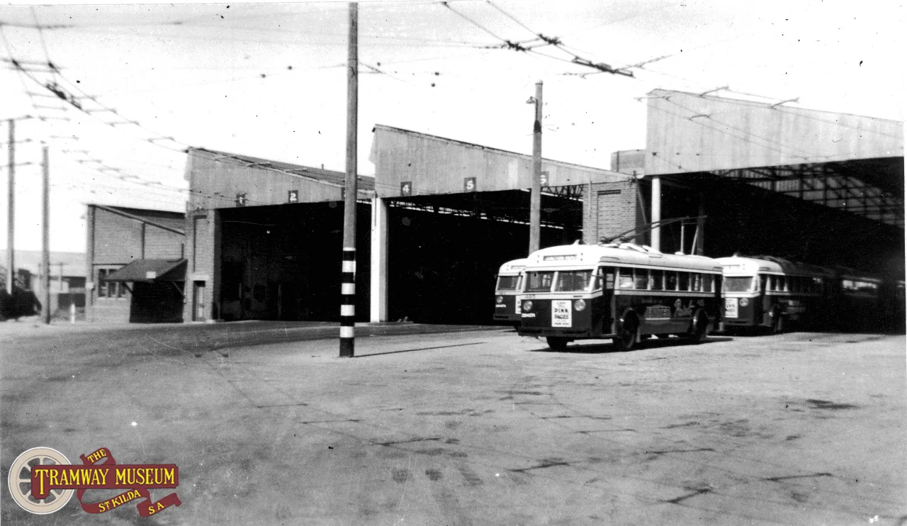 The Port Adelaide depot as it was in 1950, 15 years after it was converted from a tram depot to serve the growing trolley bus system, although rebuilt this depot is still in-use today as a bus depot Photo: Leo Rowe.