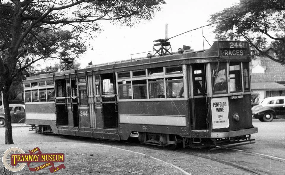 F type 'Drop Centre' tram 244 is seen in 1952 entering the 'balloon loop' that served Victoria Park racecourse.