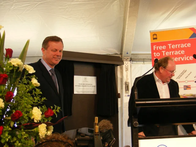 State Premier, the Hon. Mike Rann (left) and Transport Minister, the Hon. Patrick Conlon, at the opening of the tramway extension from Victoria Square to City West. October 2007.