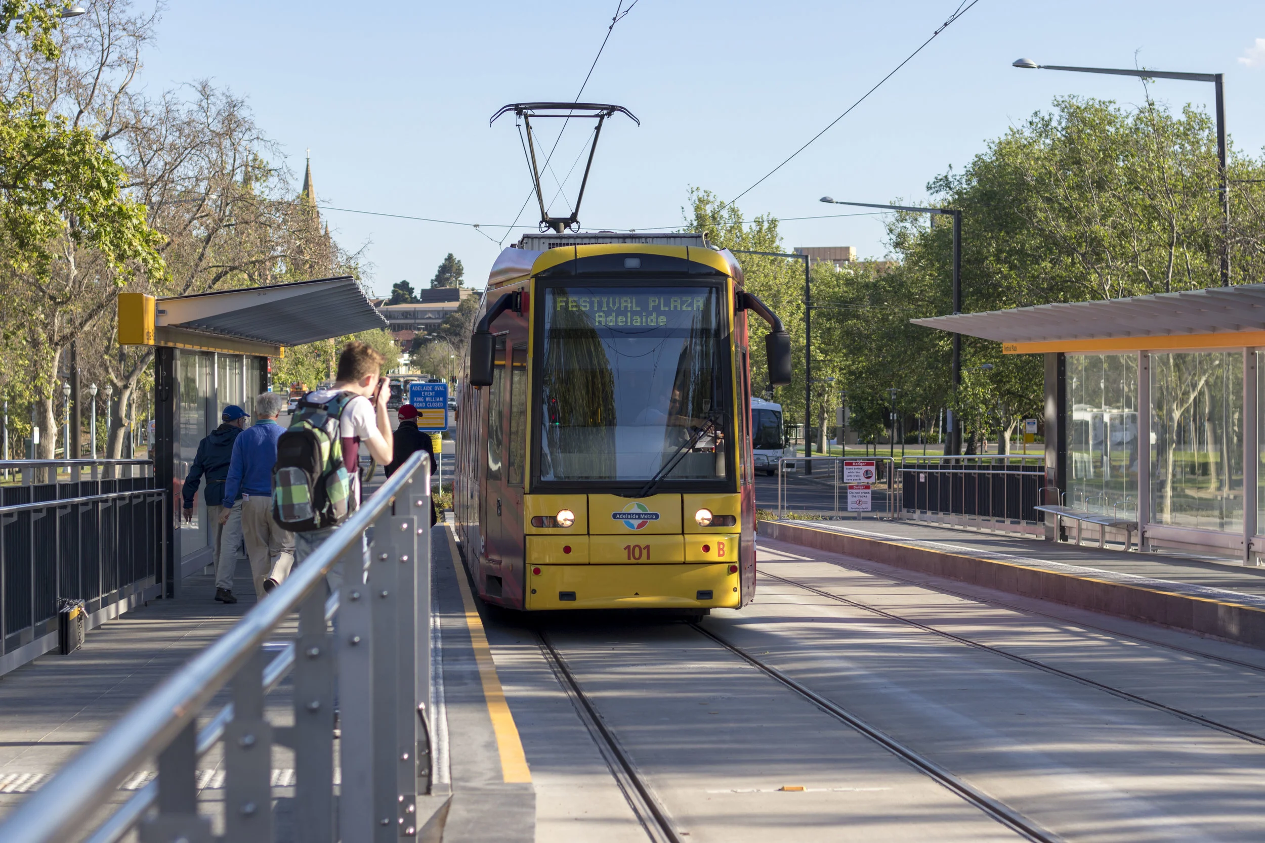 101 sits at the festival plaza terminus, having just completed the first festival plaza service and about to commence the first outbound service.