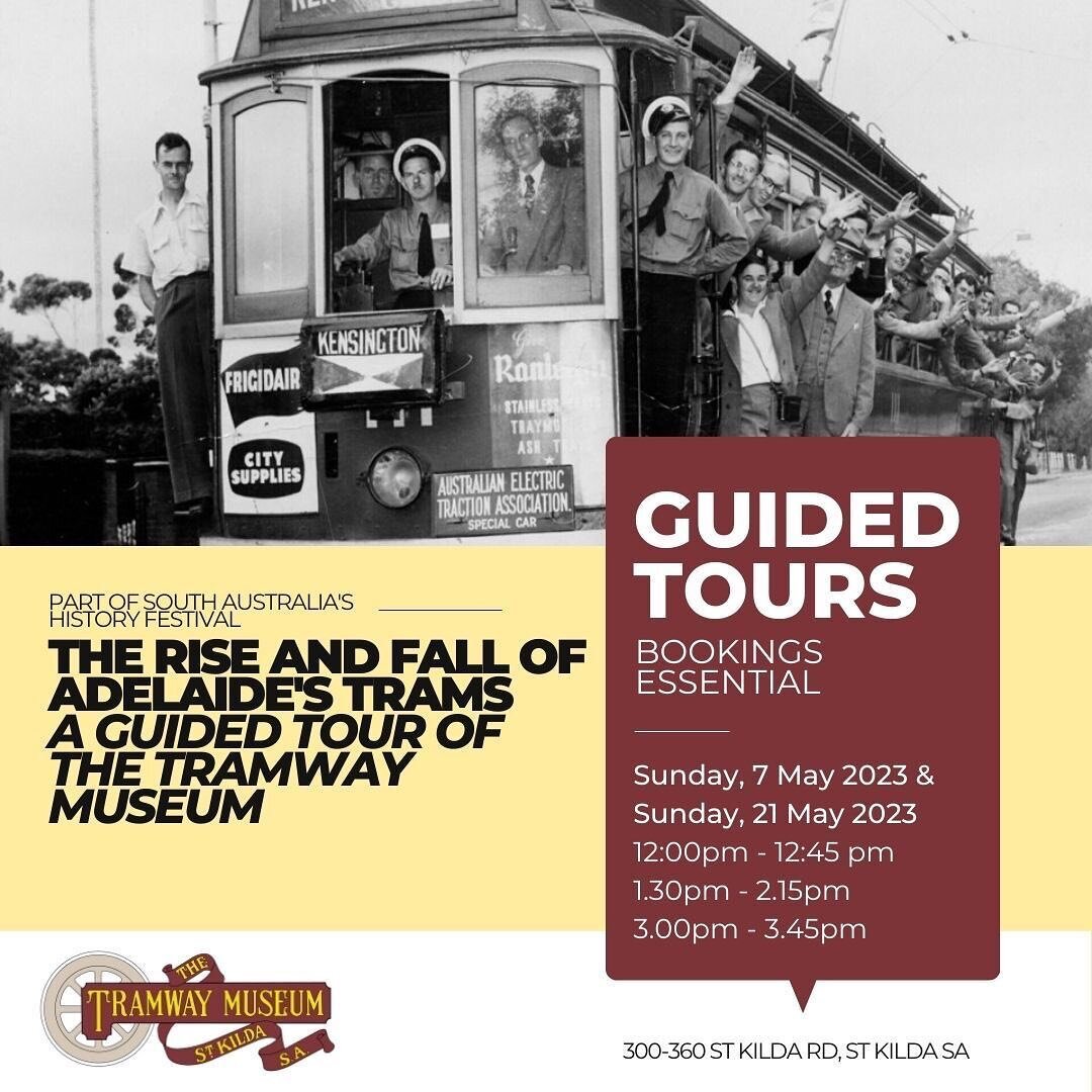 🚃 GUIDED TOURS THIS SUNDAY! 🚃

This Sunday, 21 May, is our last day of tours as part of South Australia&rsquo;s @historyfestival! 

Take a peek behind the scenes and learn the story of Adelaide&rsquo;s trams on a guided tour of the Tramway Museum.
