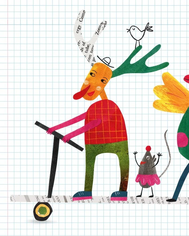 Imagine riding a giant scooter with a few friends on it&mdash;wouldn&rsquo;t that be fun?✨💕
.
.
.
#papercutillustration #whimsicalillustration #childrenbookillustration #kidlitillustration #papercutcollage