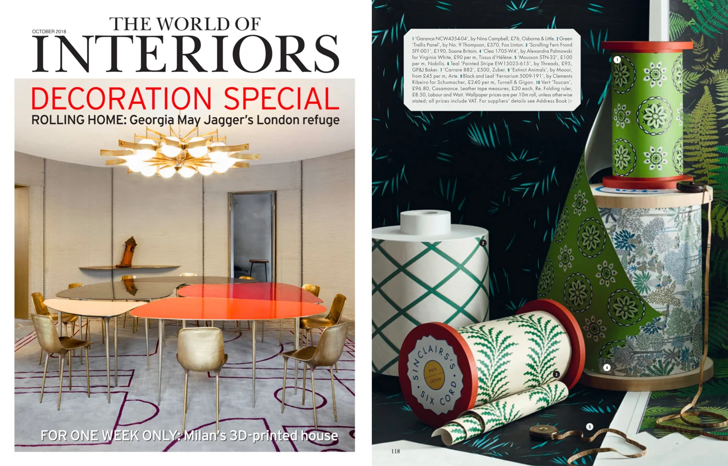 The World of Interiors (UK), October 2018. No.4 Clea Wallpaper in Jungle