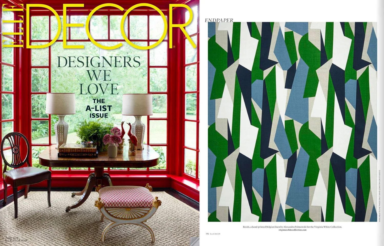 Elle Decor (US), June 2016. Reeds Fabric in Green on Natural