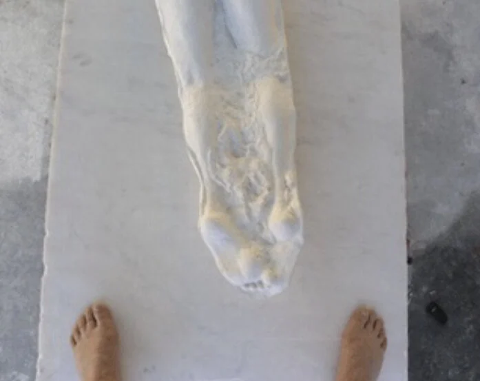 Standing on my marble feeling the cool beauty surging through my body as I placed the plaster maquette on the block to mark out the form was the start of an exciting adventure I had waited ten years to afford!    Next would begin the long process of marking the block in the same way it has been done since before Michaelangelo’s time! Not much had changed except the use of power tools to cut with.