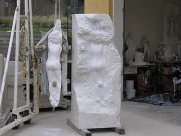 Standing her up after 2 weeks of blocking out with the help of some big muscles to handle the impact I began on the real part of the art of marble. From now it takes the months of refinement with drills, and then sanding with many small stones and finally degrees of sandpaper til it feels like skin. This took me a further 6 months!