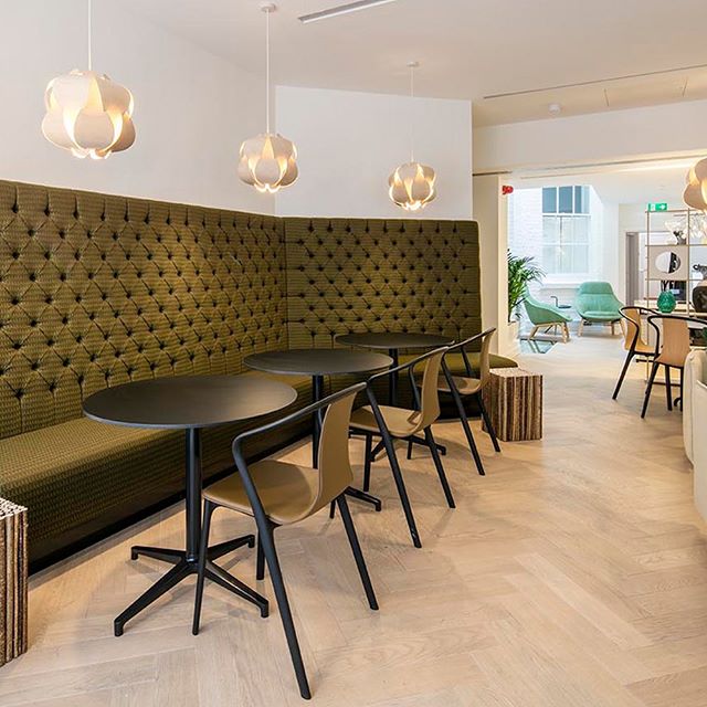 We thoroughly enjoyed working on this job in Golden Square. For this area in particular, we focused on creating a light, comfortable, but functional lounge. Custom fitted seating against the left hand wall worked really well with the lighting, and it