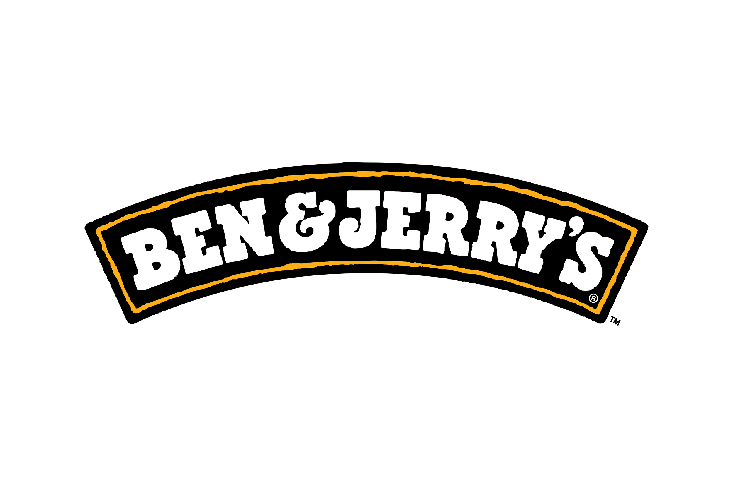 Ben & Jerry's logo featuring bold white text on a curved black background with an orange and black border.