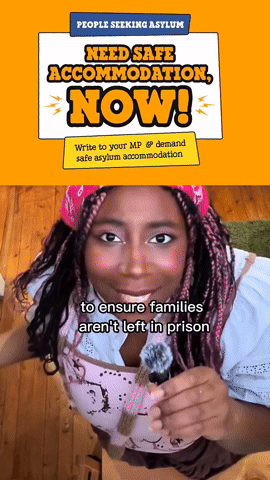 A young girl with braided hair and a pink headband holding a microphone, speaking to the camera. The background is a wooden surface. The image has subtitles that say, 'to ensure families aren't left in prison.'