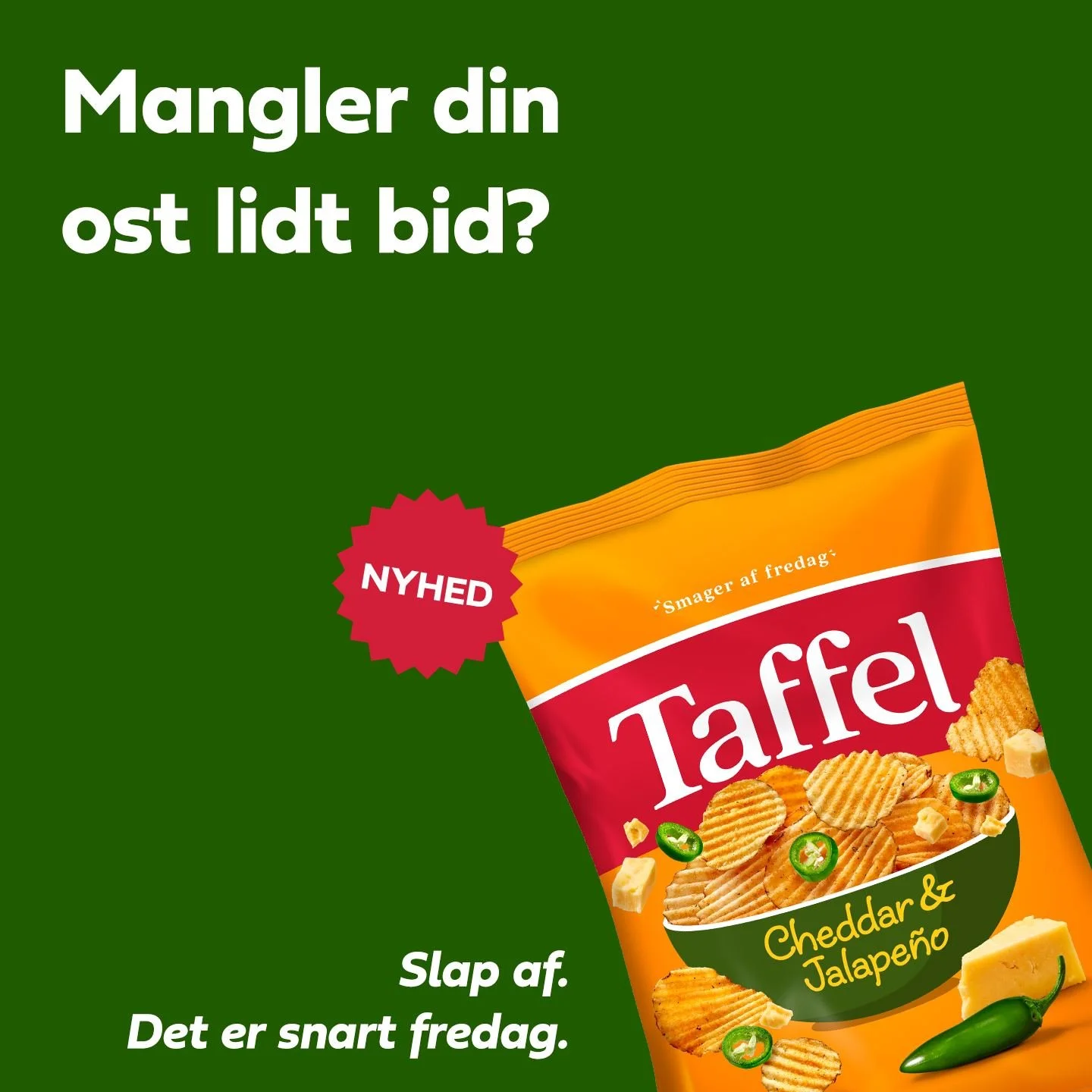En ost skal jo helst smage af noget 👀 
Og det kan du love for at den g&oslash;r, i vores nye chips med Cheddar og Jalape&ntilde;o 🥵🫑
