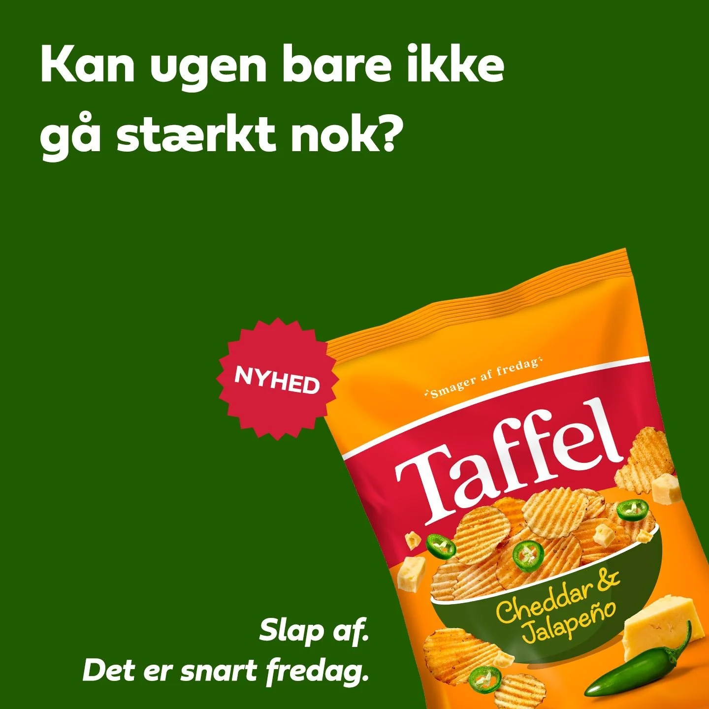 Nogle gange kan det godt f&oslash;les som om, at der er langt til fredag. Heldigvis er det nemt at s&aelig;tte fut p&aring; hverdagen med vores nye chips Taffel Cheddar &amp; Jalape&ntilde;o 🧀😍